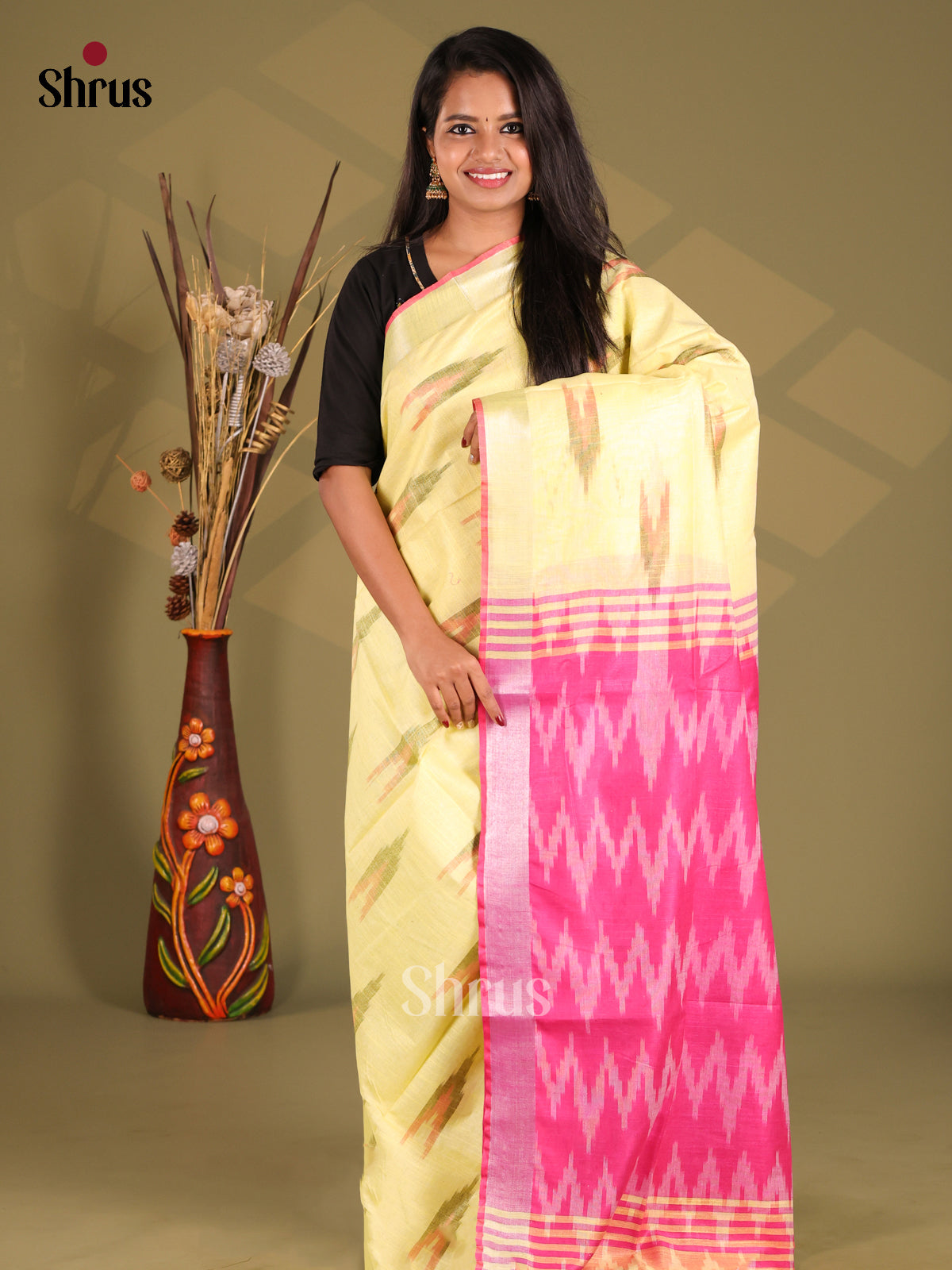 Yellow & Pink - Semi Ikkat Saree - Shop on Shrus.com