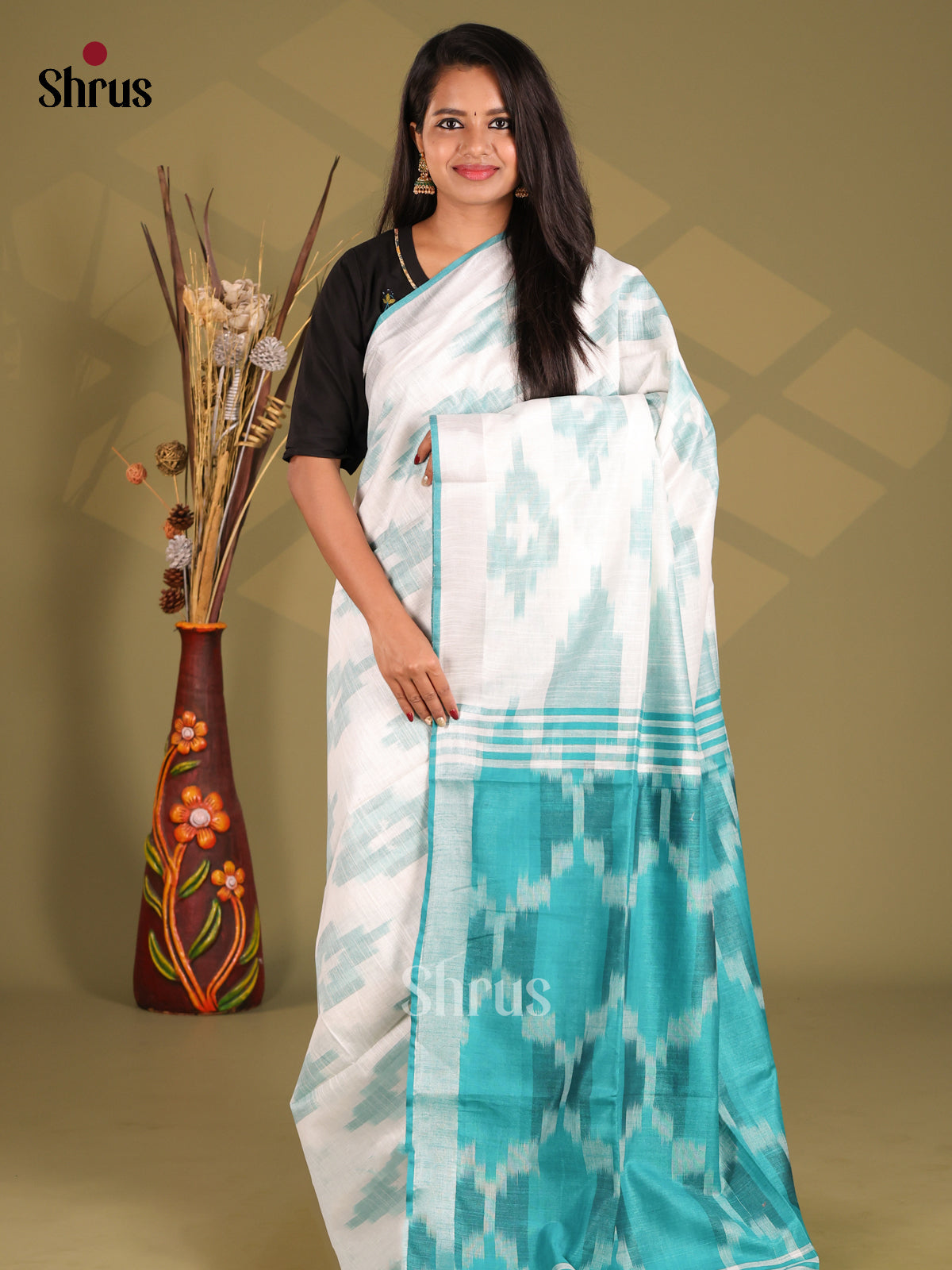 White & Teal - Semi Ikkat Saree - Shop on Shrus.com