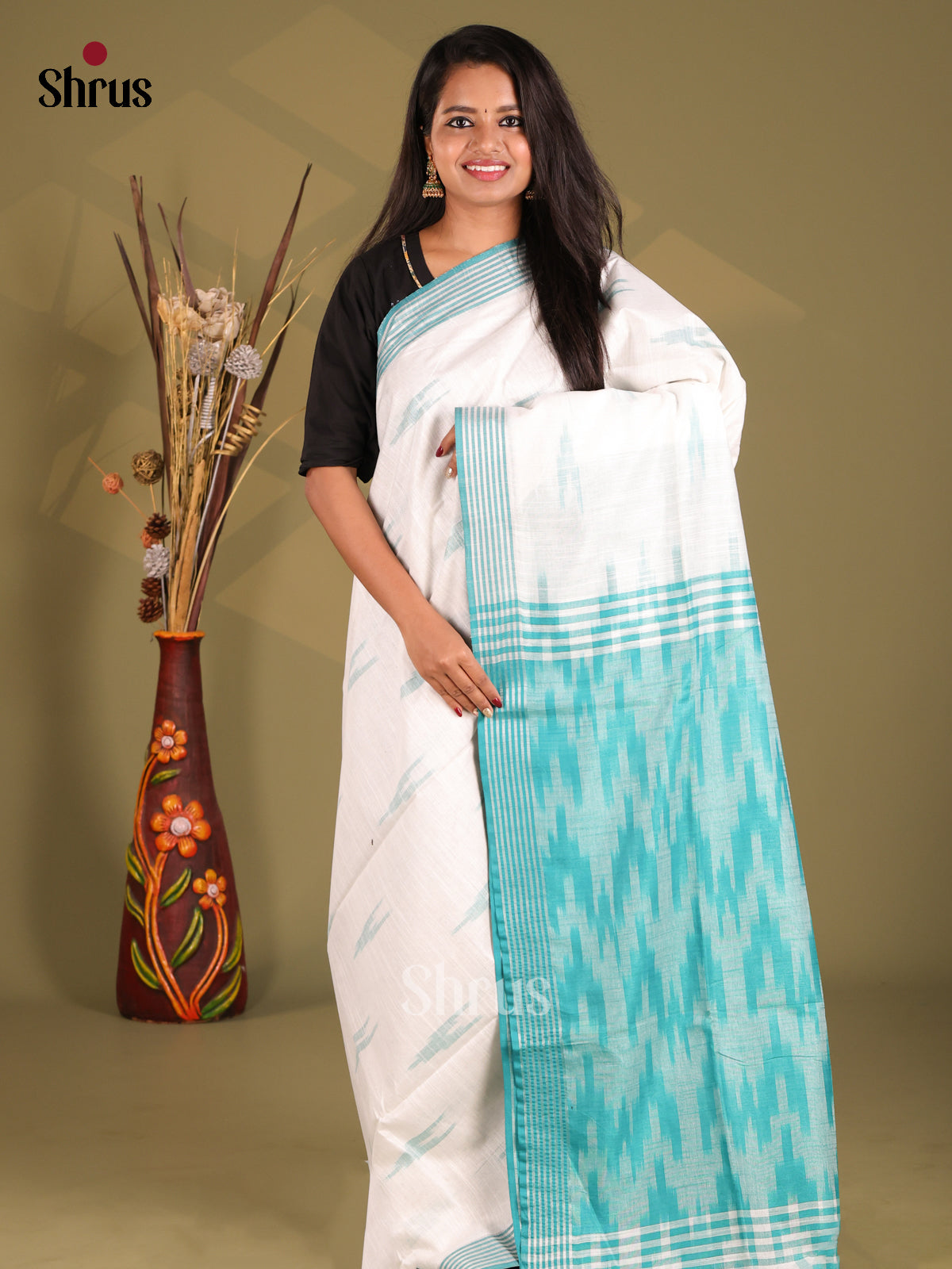 White & Blue - Semi Ikkat Saree - Shop on Shrus.com