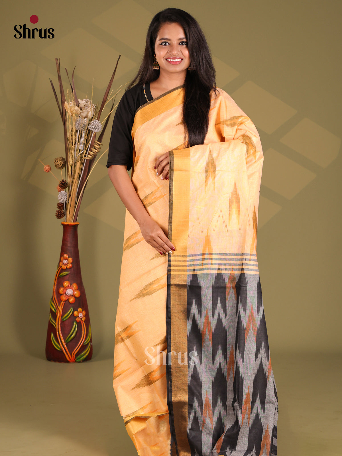 Peach & Grey - Semi Ikkat Saree - Shop on Shrus.com