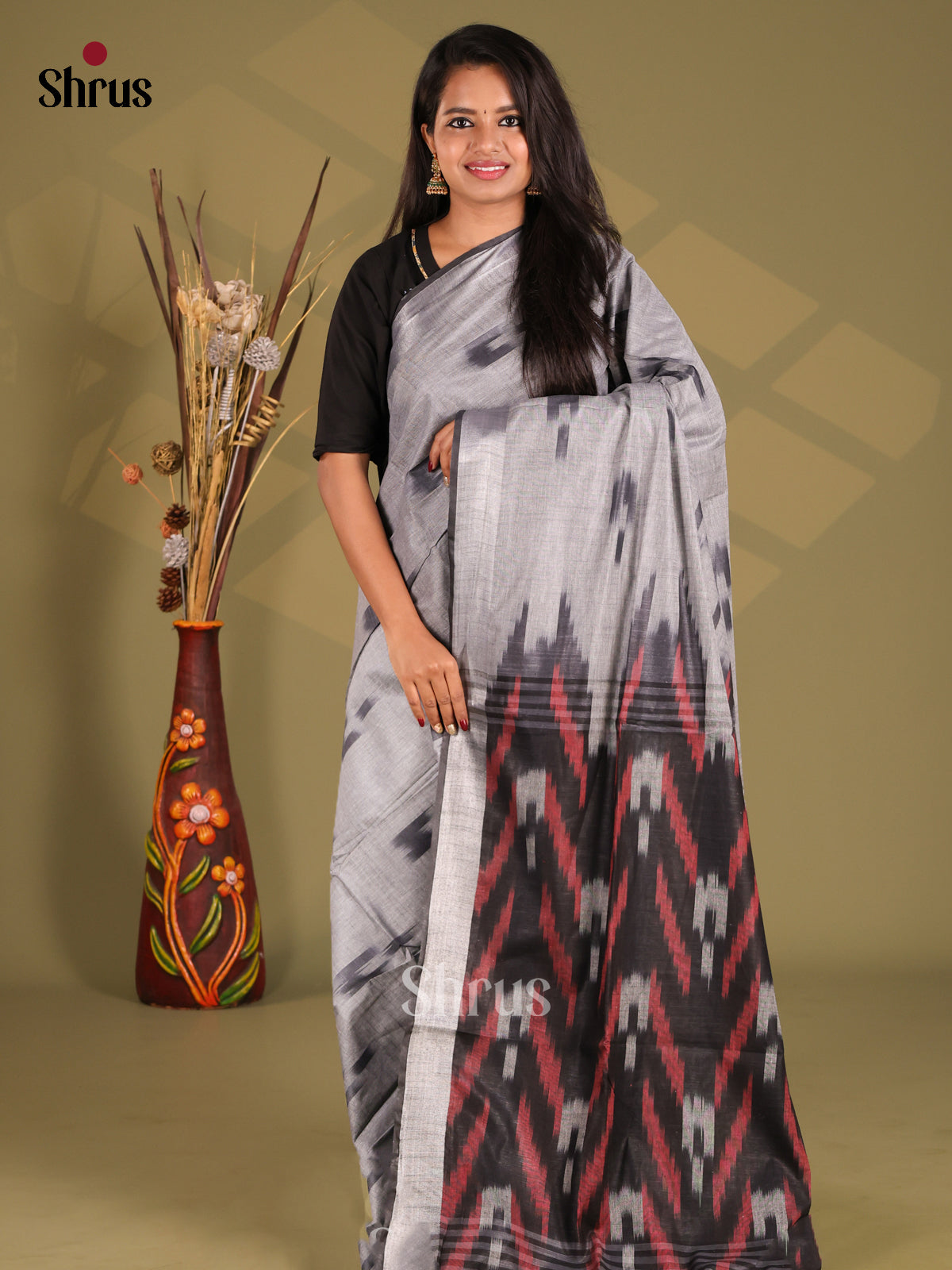 Grey & Black - Semi Ikkat Saree - Shop on Shrus.com
