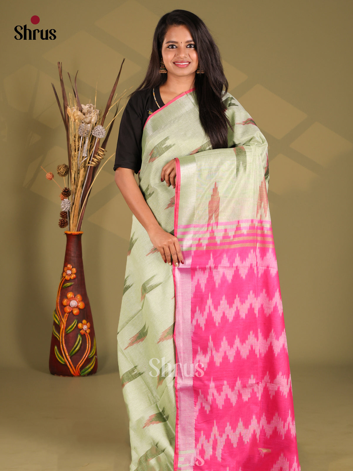Green & Pink - Semi Ikkat Saree - Shop on Shrus.com