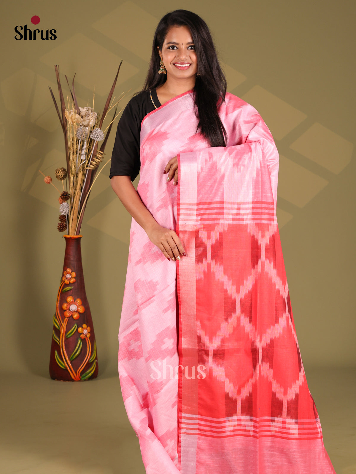 Pink & Red- Semi Ikkat Saree - Shop on Shrus.com