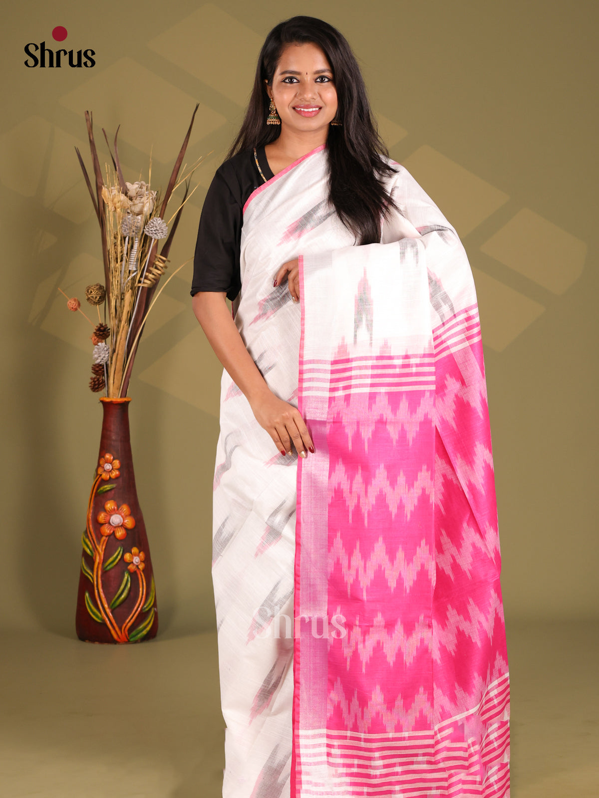 White & Pink- Semi Ikkat Saree - Shop on Shrus.com
