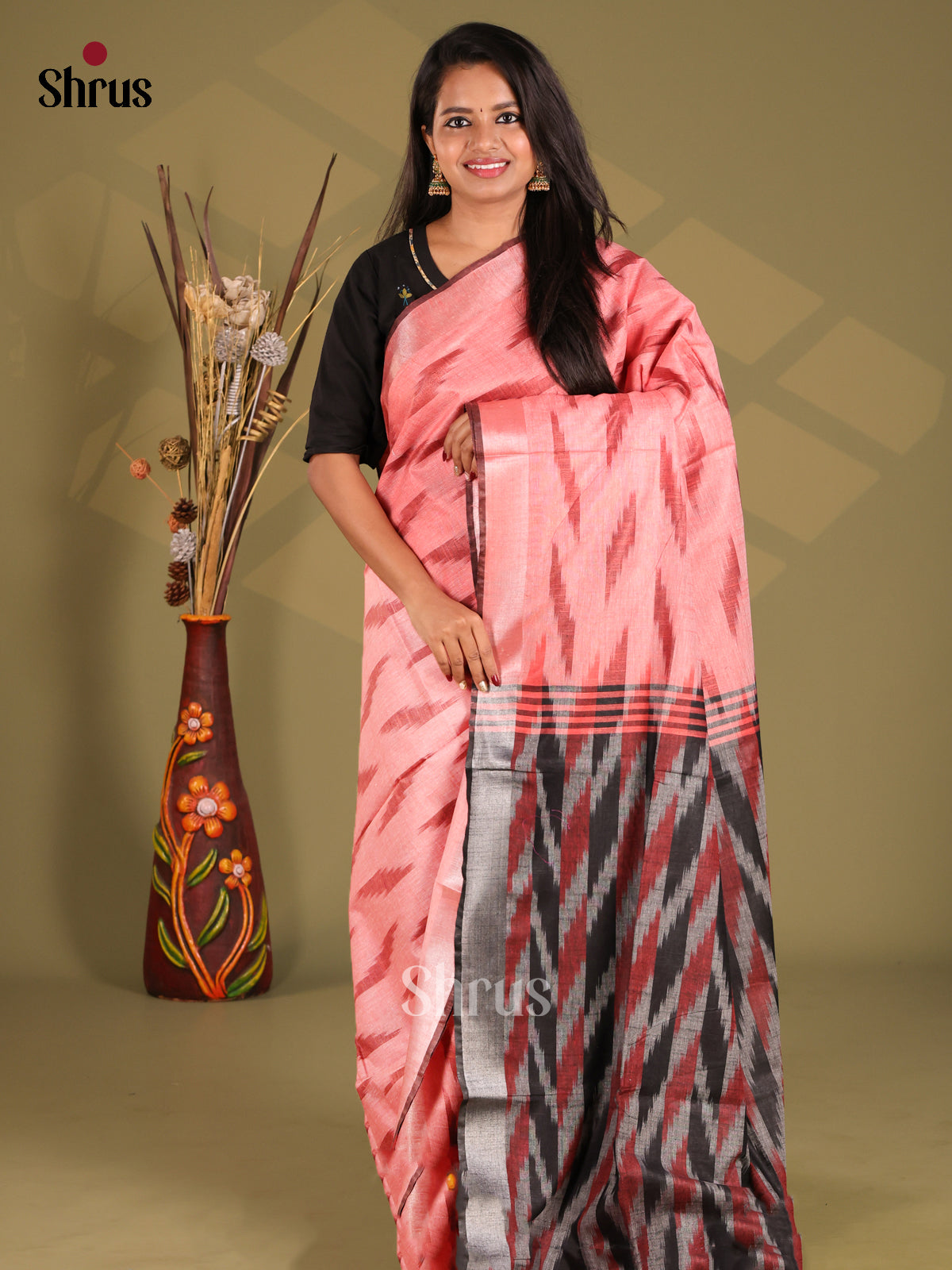 Pink & Grey - Semi Ikkat Saree - Shop on Shrus.com