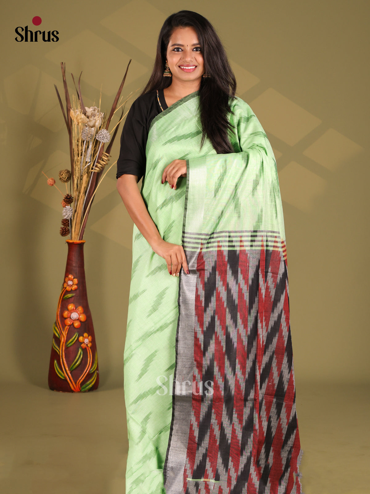 Pastel Green & Grey - Semi Ikkat Saree - Shop on Shrus.com