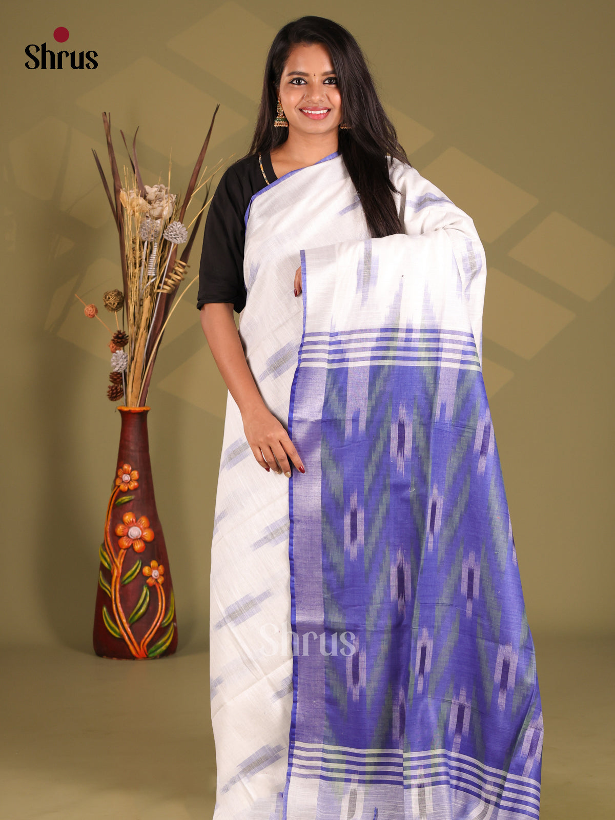 White & Blue - Semi Ikkat Saree - Shop on Shrus.com