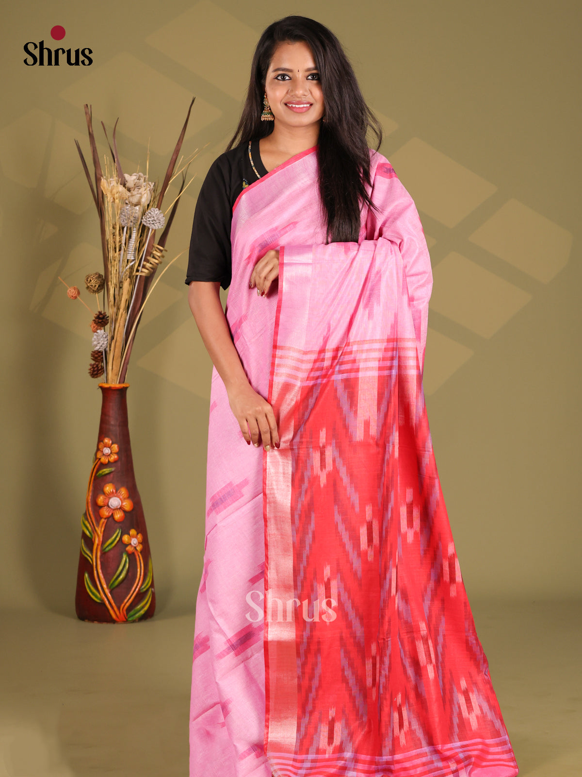 Pink & Red- Semi Ikkat Saree - Shop on Shrus.com