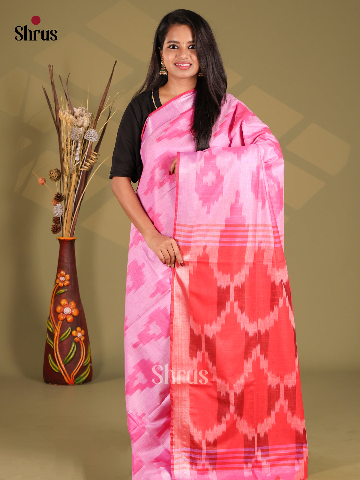 Pink & Red- Semi Ikkat Saree - Shop on Shrus.com