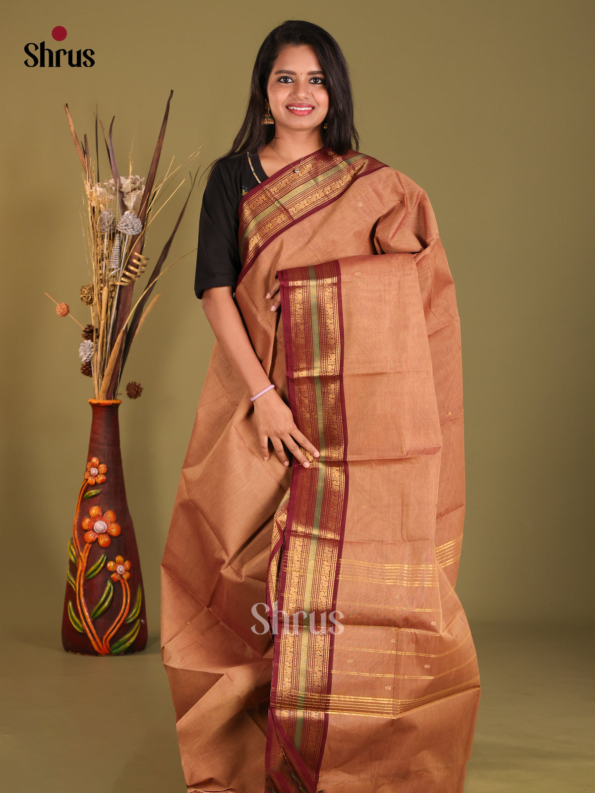 Light Brown & Maroon- Chettinad Cotton Saree