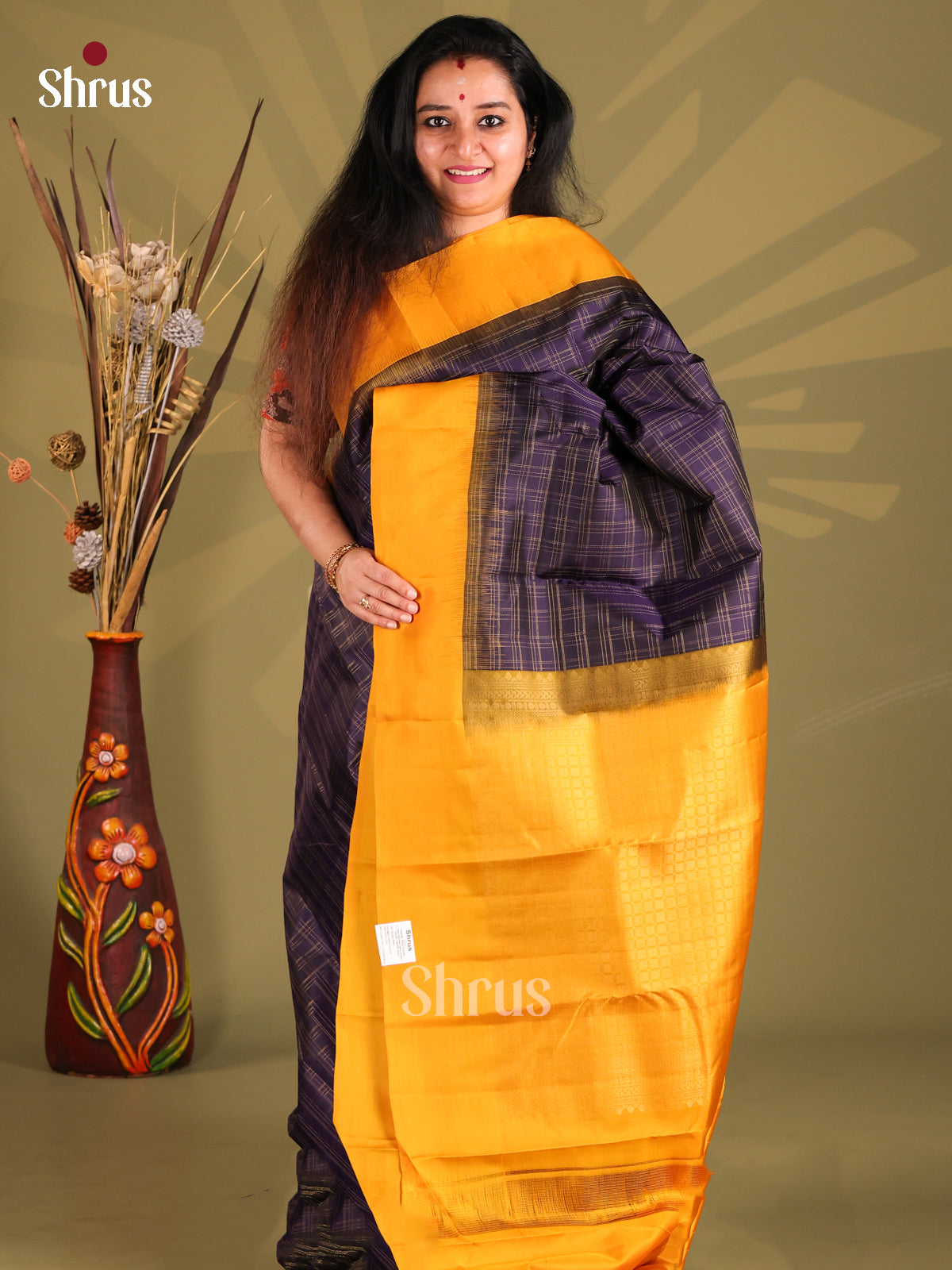 Classic Violet & Mustard Kanchipuram silk Saree with zari checks-1
