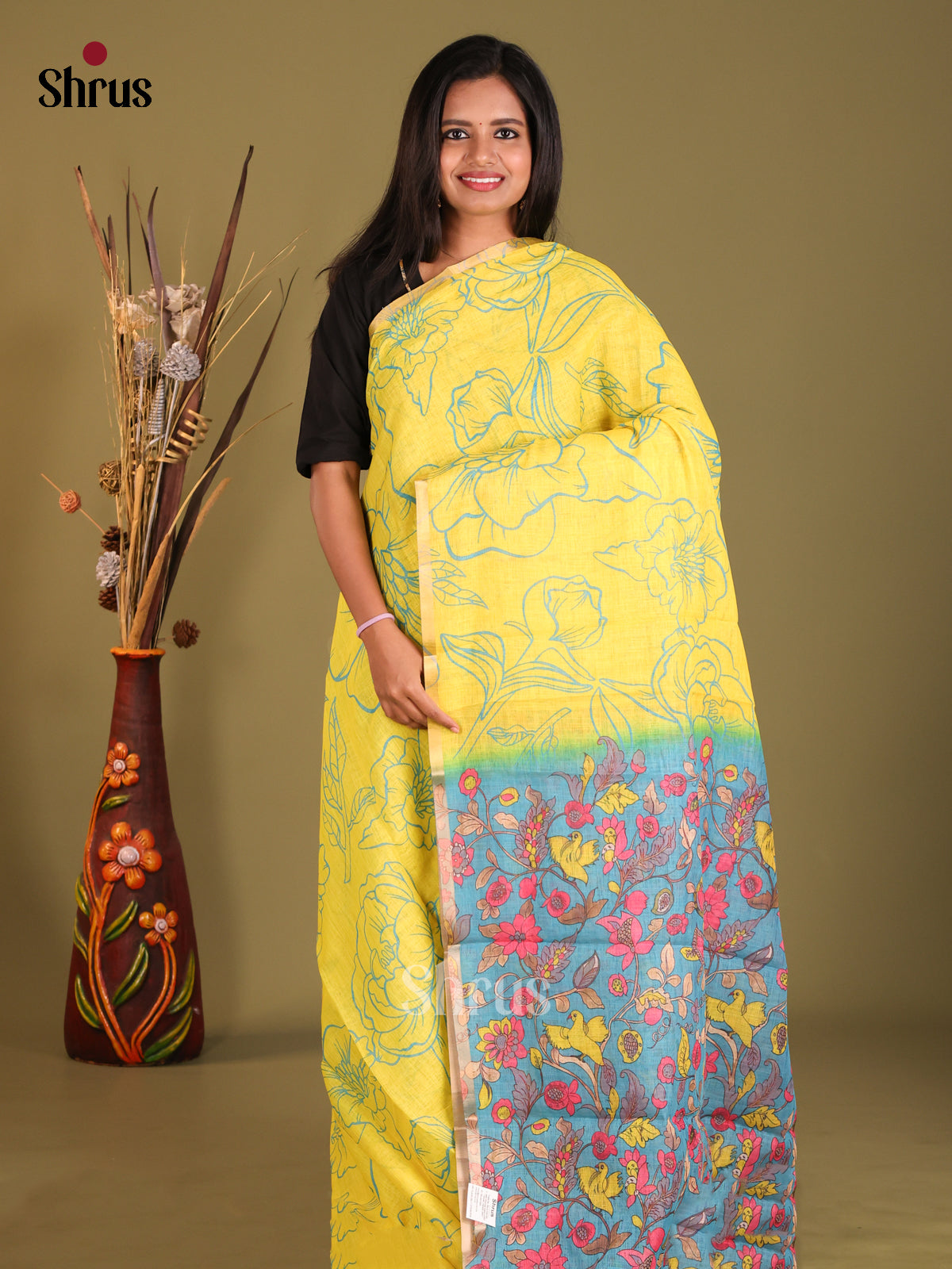 Yellow &  Blue - Linen Cotton Saree - Shop on Shrus.com