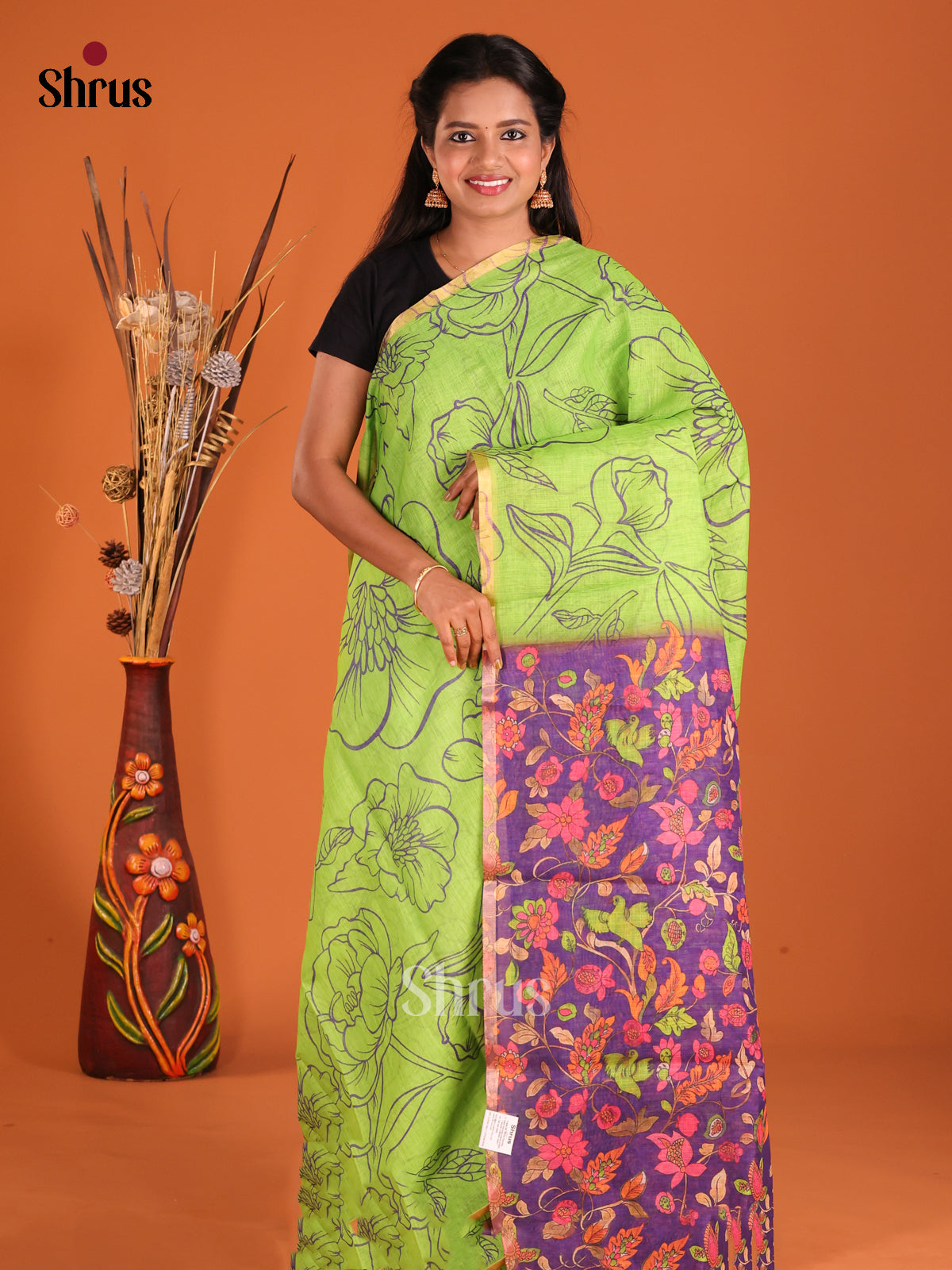 Green & Purple - Linen Cotton Saree - Shop on Shrus.com