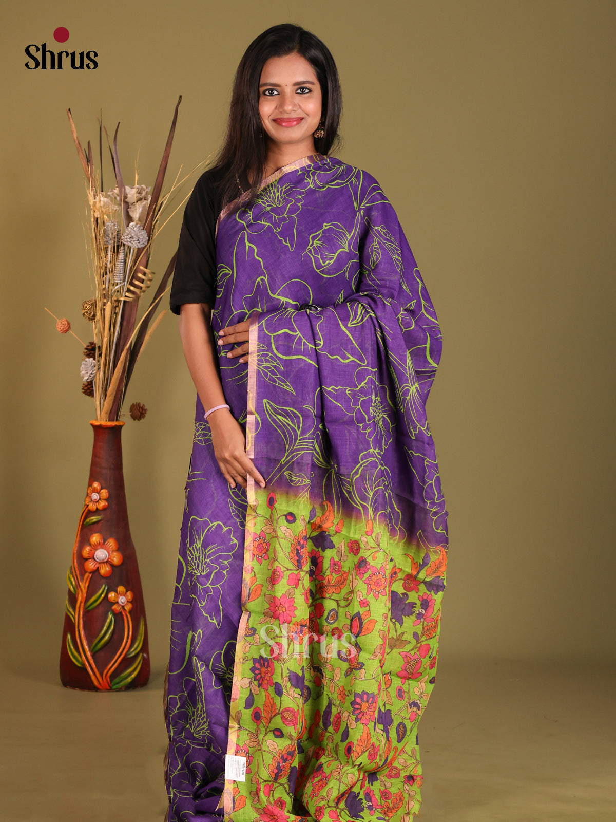 Violet & Green - Linen Cotton Saree - Shop on Shrus.com