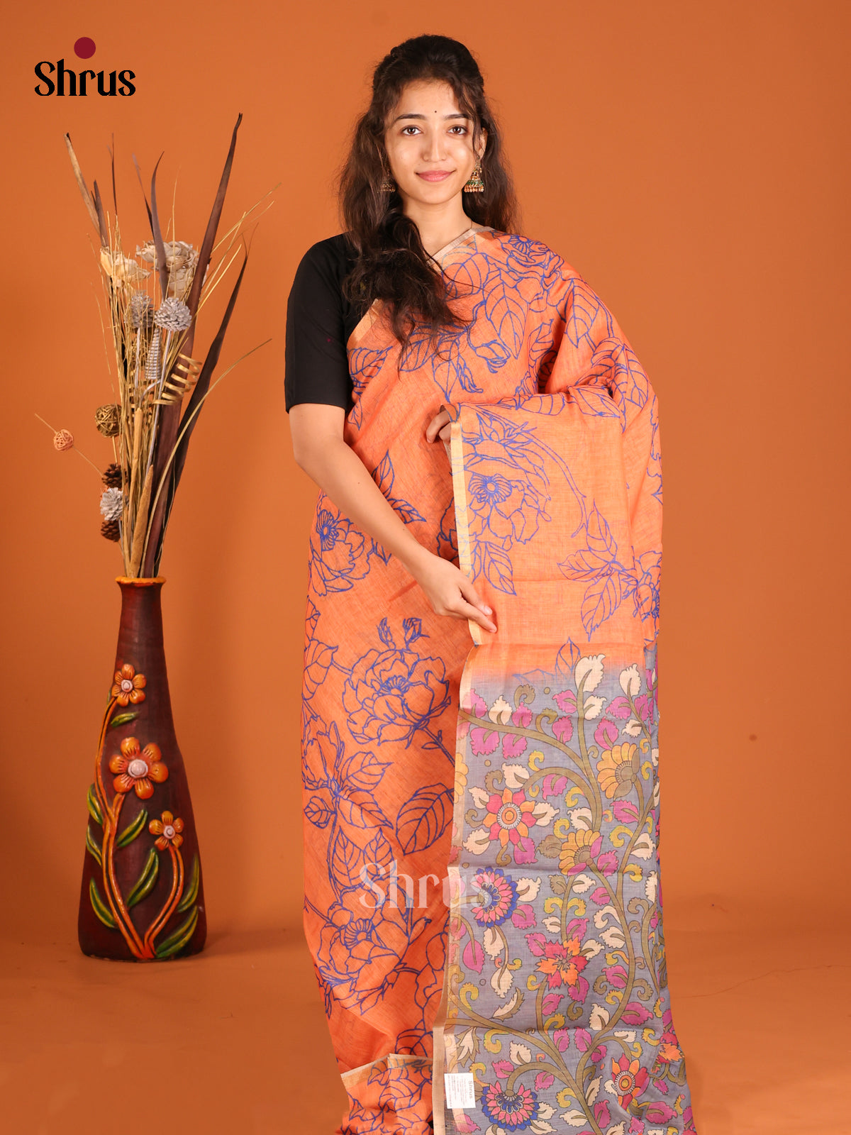 Orange & Grey- Linen Cotton Saree - Shop on Shrus.com