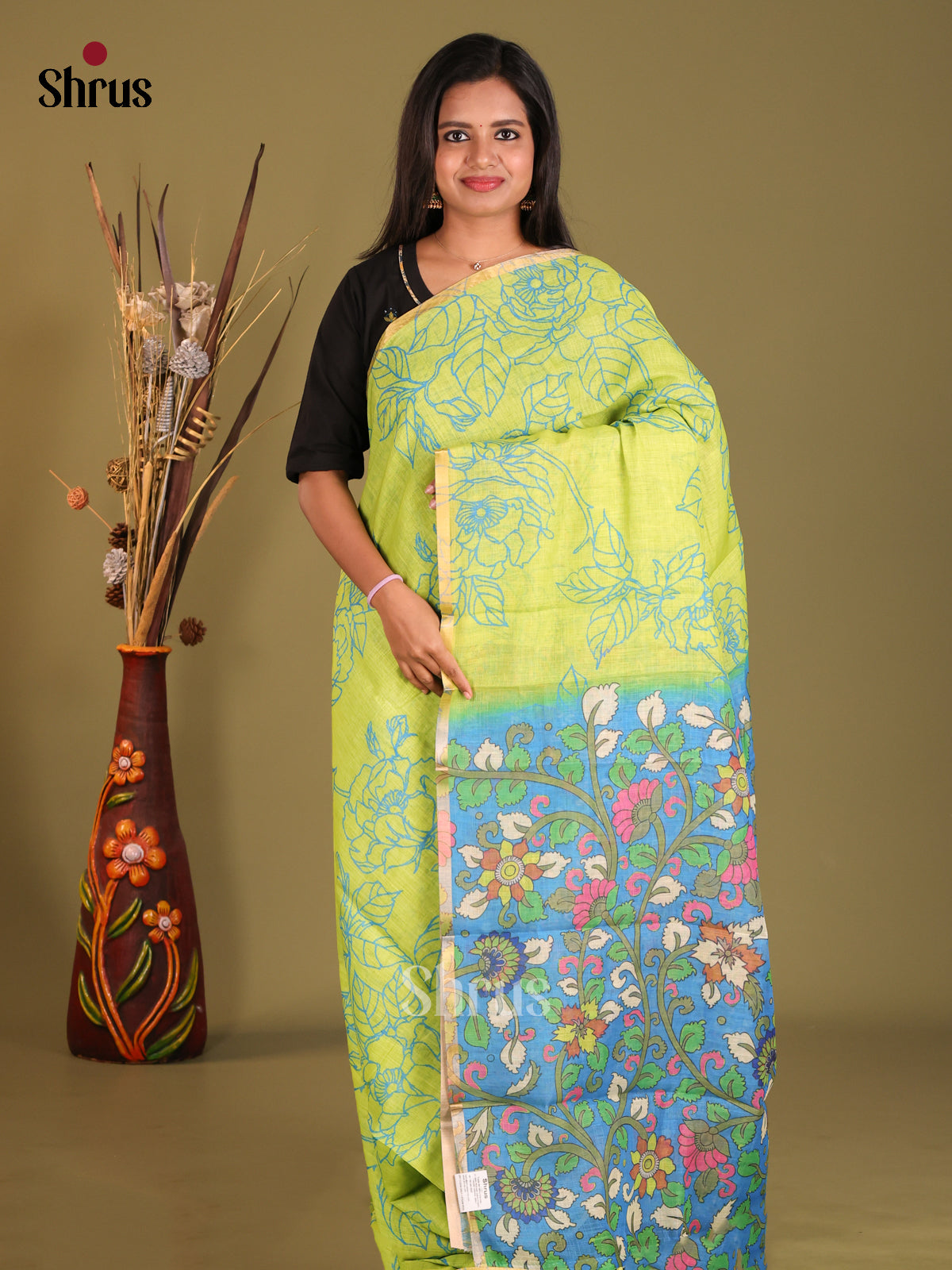 Light Green & Blue - Linen Cotton Saree - Shop on Shrus.com