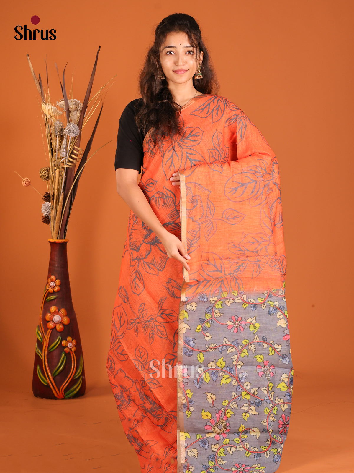 Orange & Grey- Linen Cotton Saree - Shop on Shrus.com