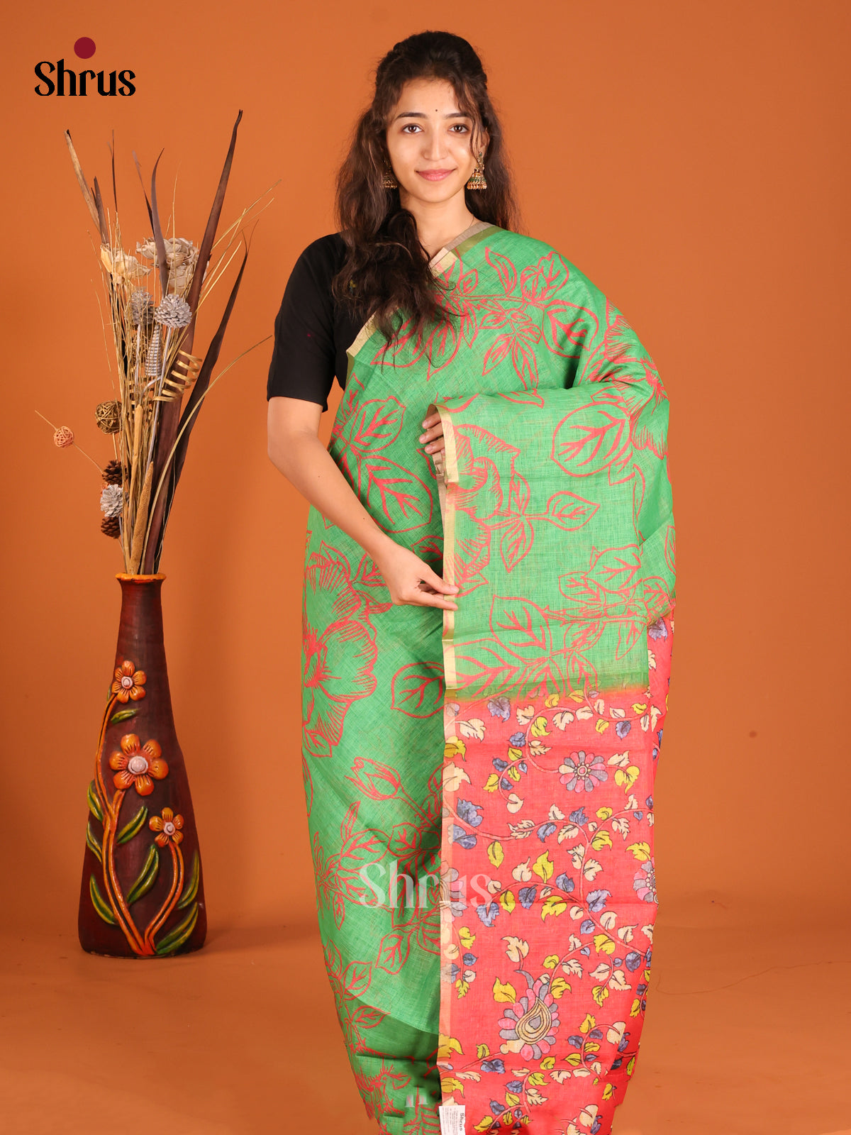 Green & Orange - Linen Cotton Saree - Shop on Shrus.com