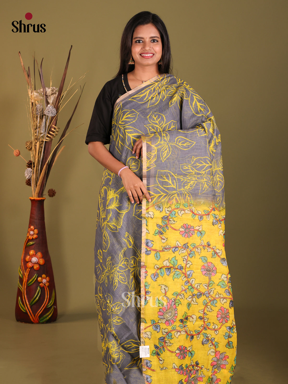Grey & Yellow- Linen Cotton Saree - Shop on Shrus.com
