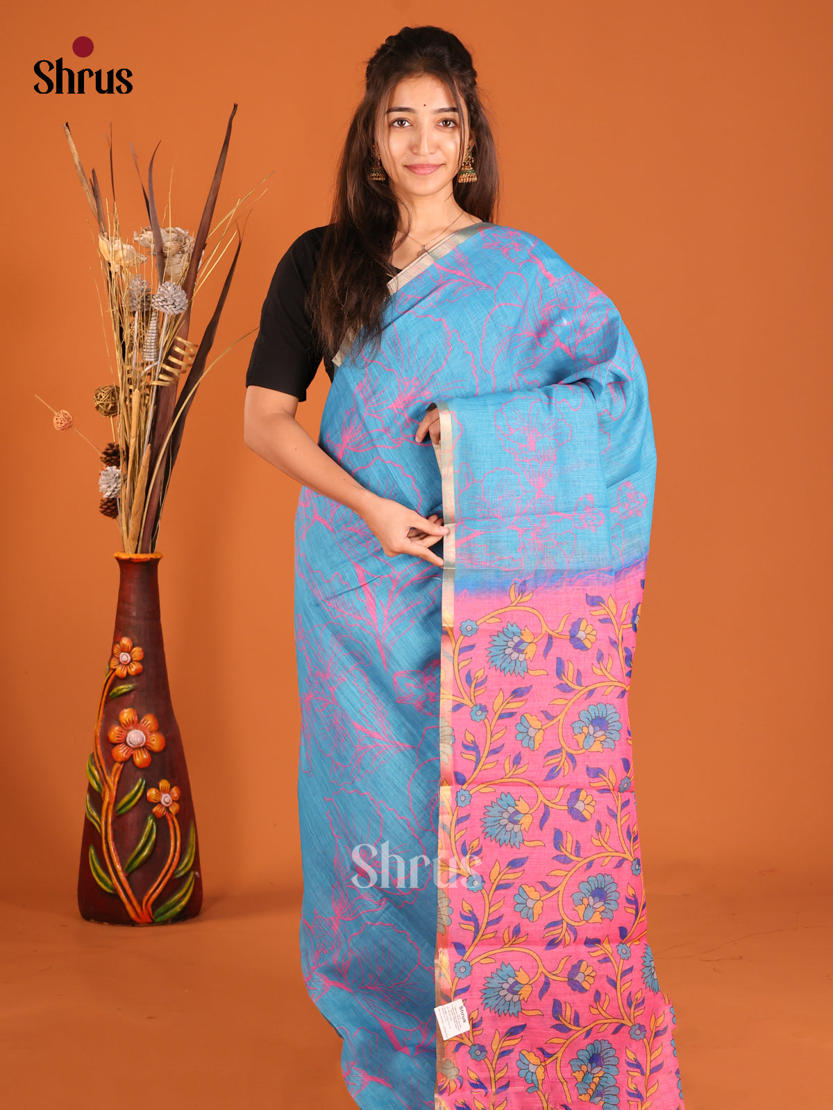 Blue & Pink - Linen Cotton Saree