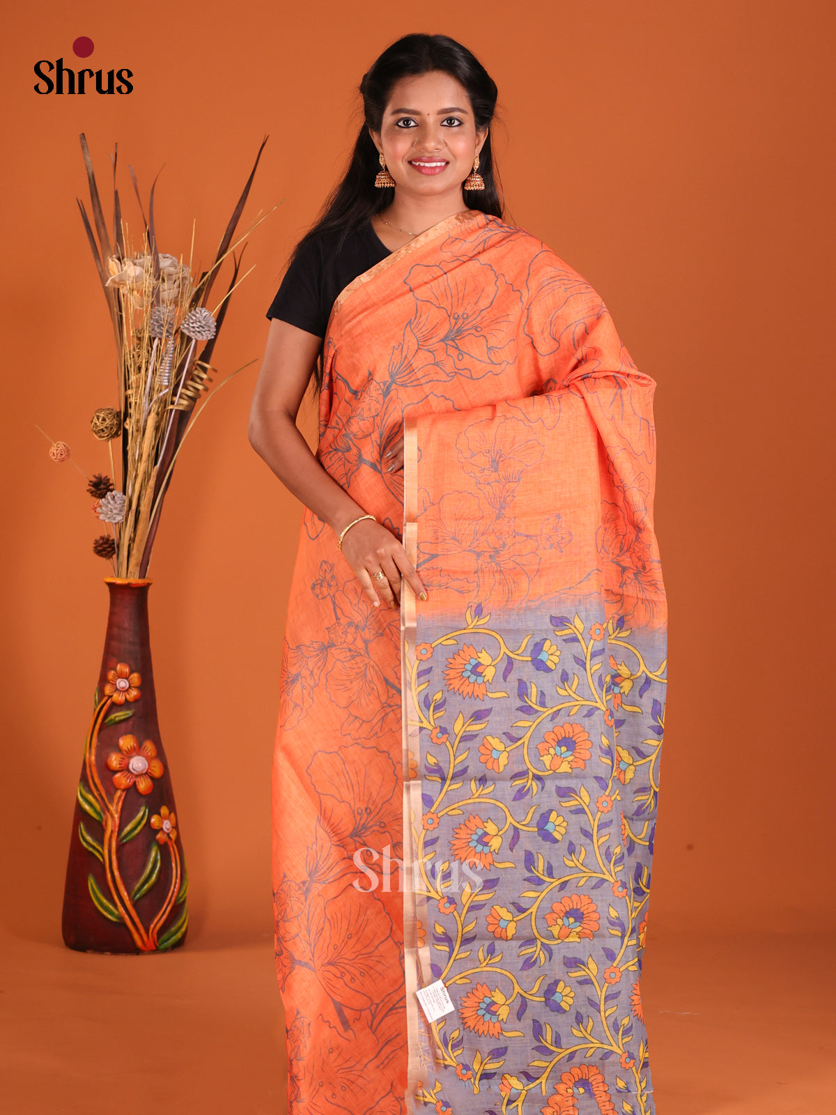 Orange & Grey  - Linen Cotton Saree - Shop on Shrus.com