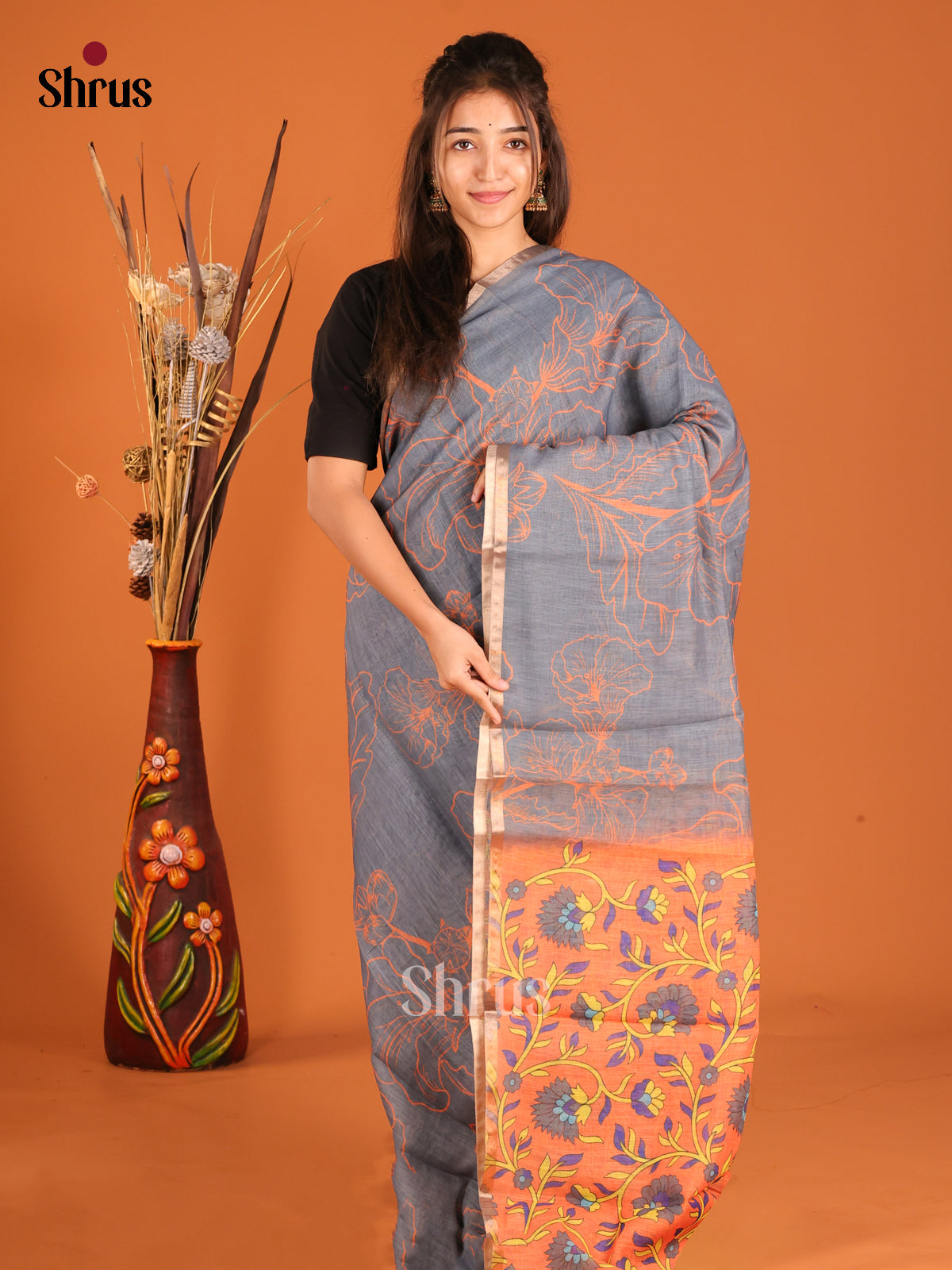 Grey & Orange - Linen Cotton Saree - Shop on Shrus.com