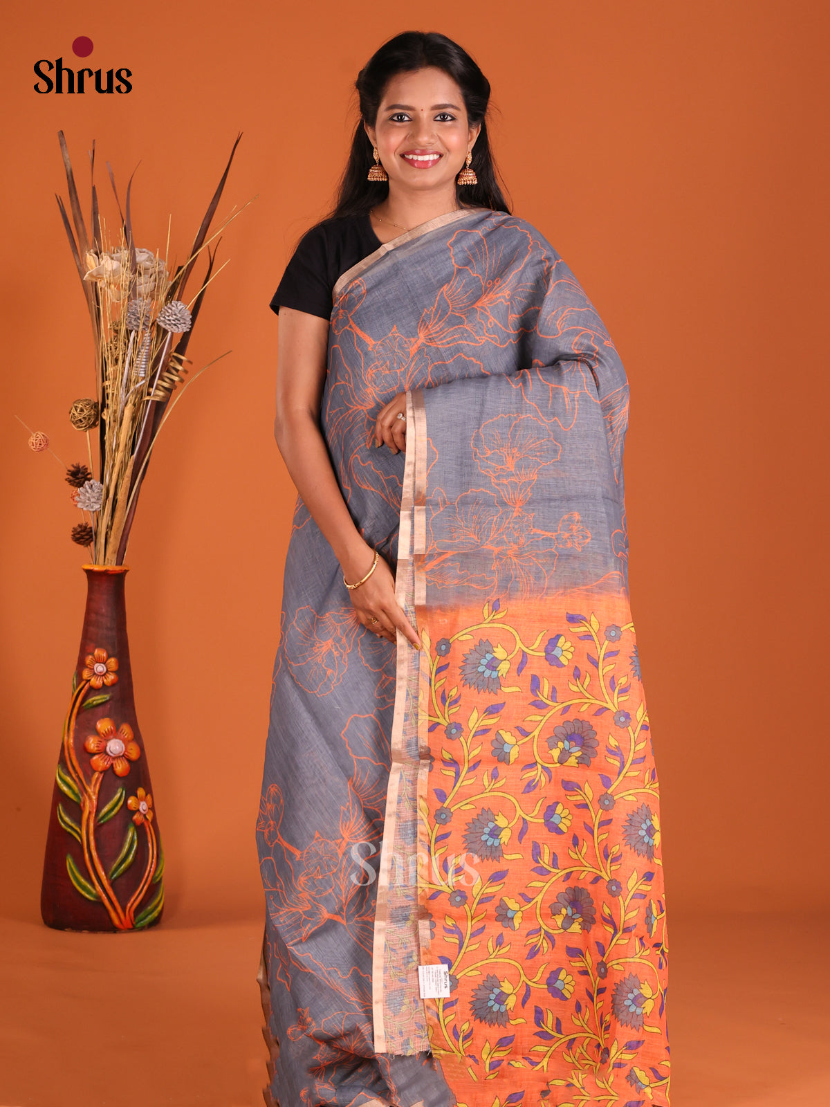 Grey & Orange - Linen Cotton Saree - Shop on Shrus.com