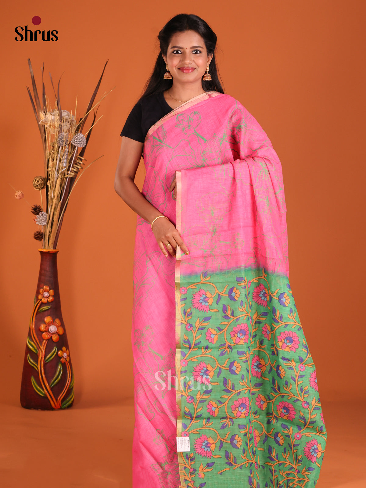 Pink & Green - Linen Cotton Saree - Shop on Shrus.com