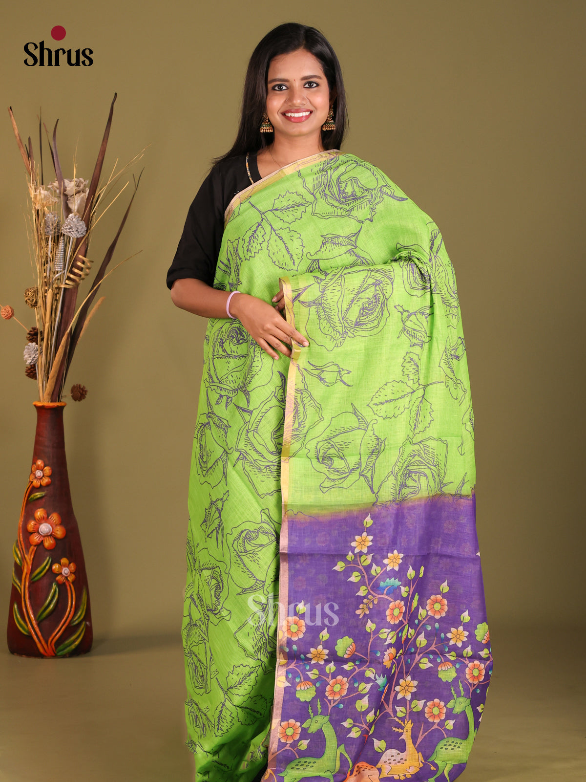 Green & Purple - Linen Cotton Saree - Shop on Shrus.com