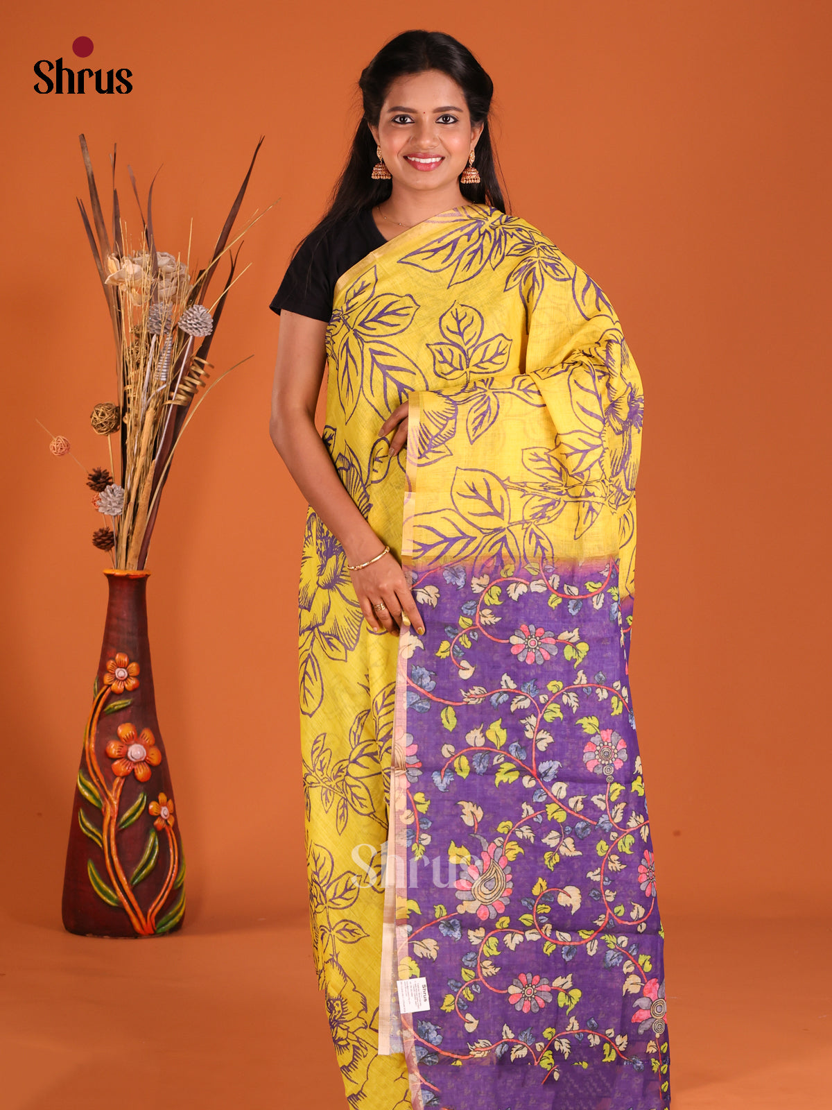Yellow & Purple- Linen Cotton Saree - Shop on Shrus.com