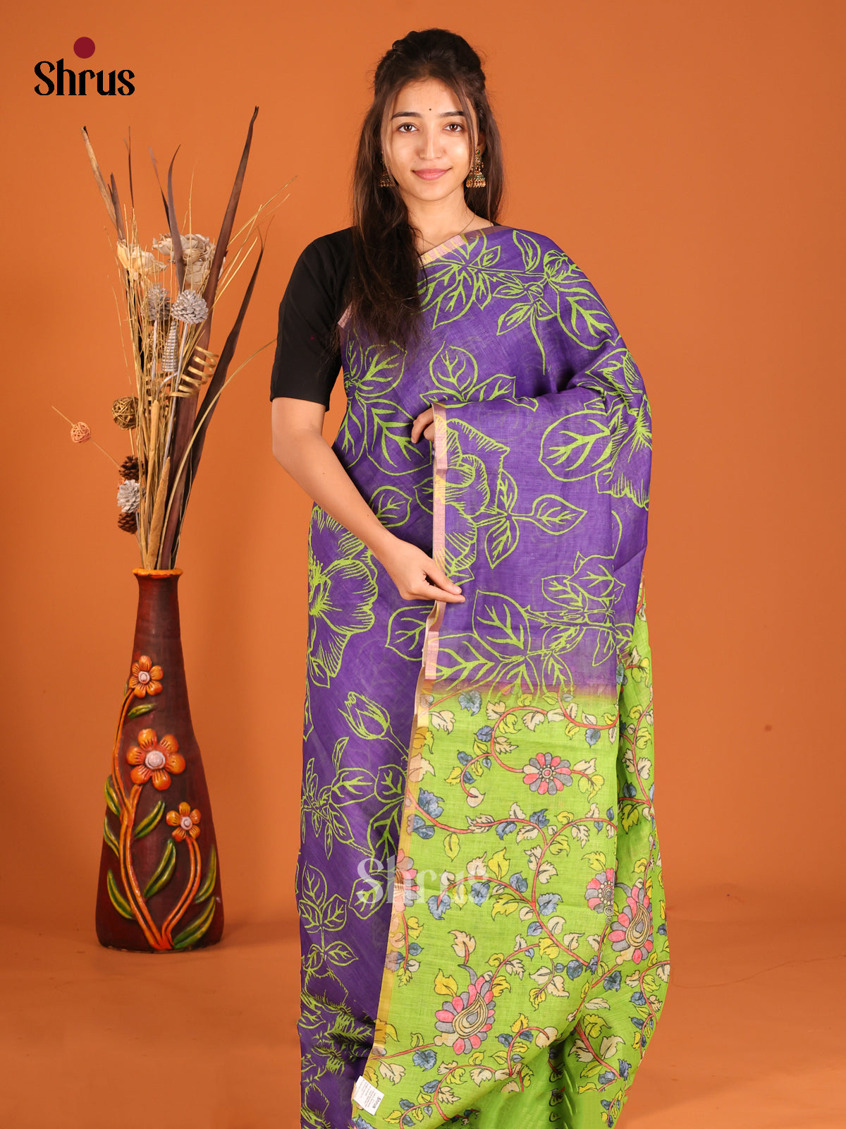 Purple & Green - Linen Cotton Saree - Shop on Shrus.com