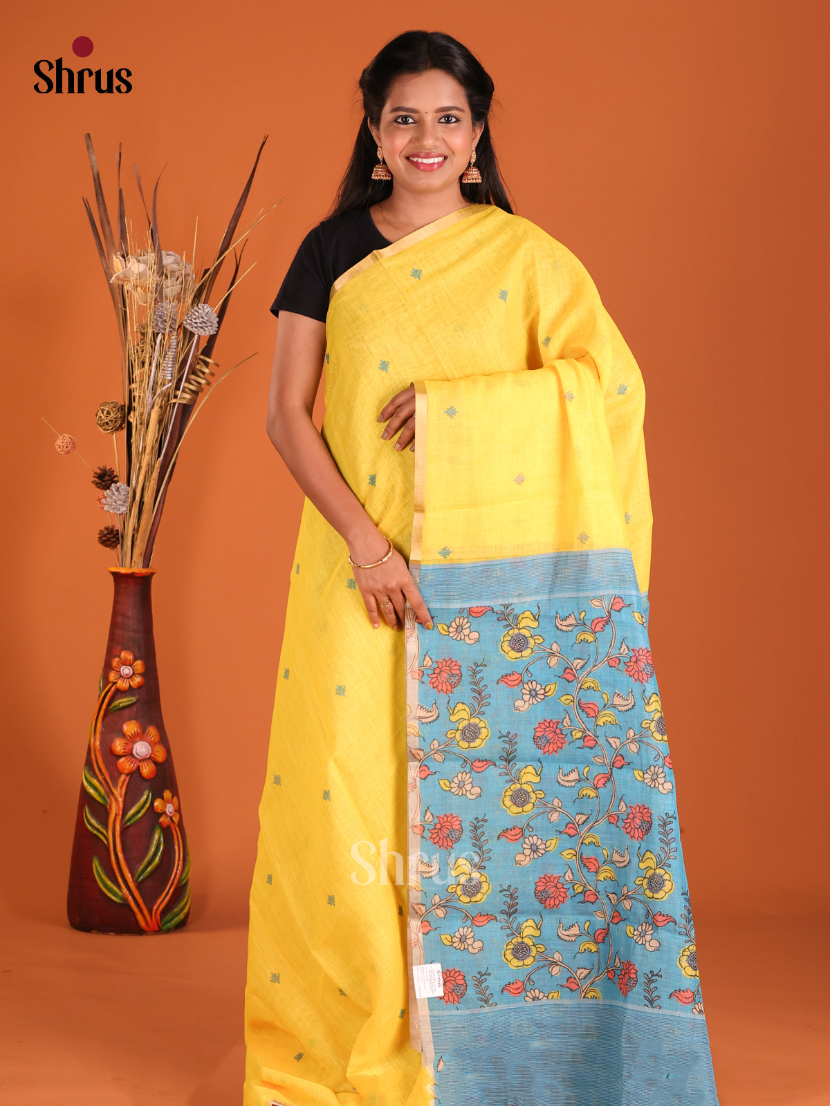 Yellow & Blue- Linen Cotton Saree - Shop on Shrus.com