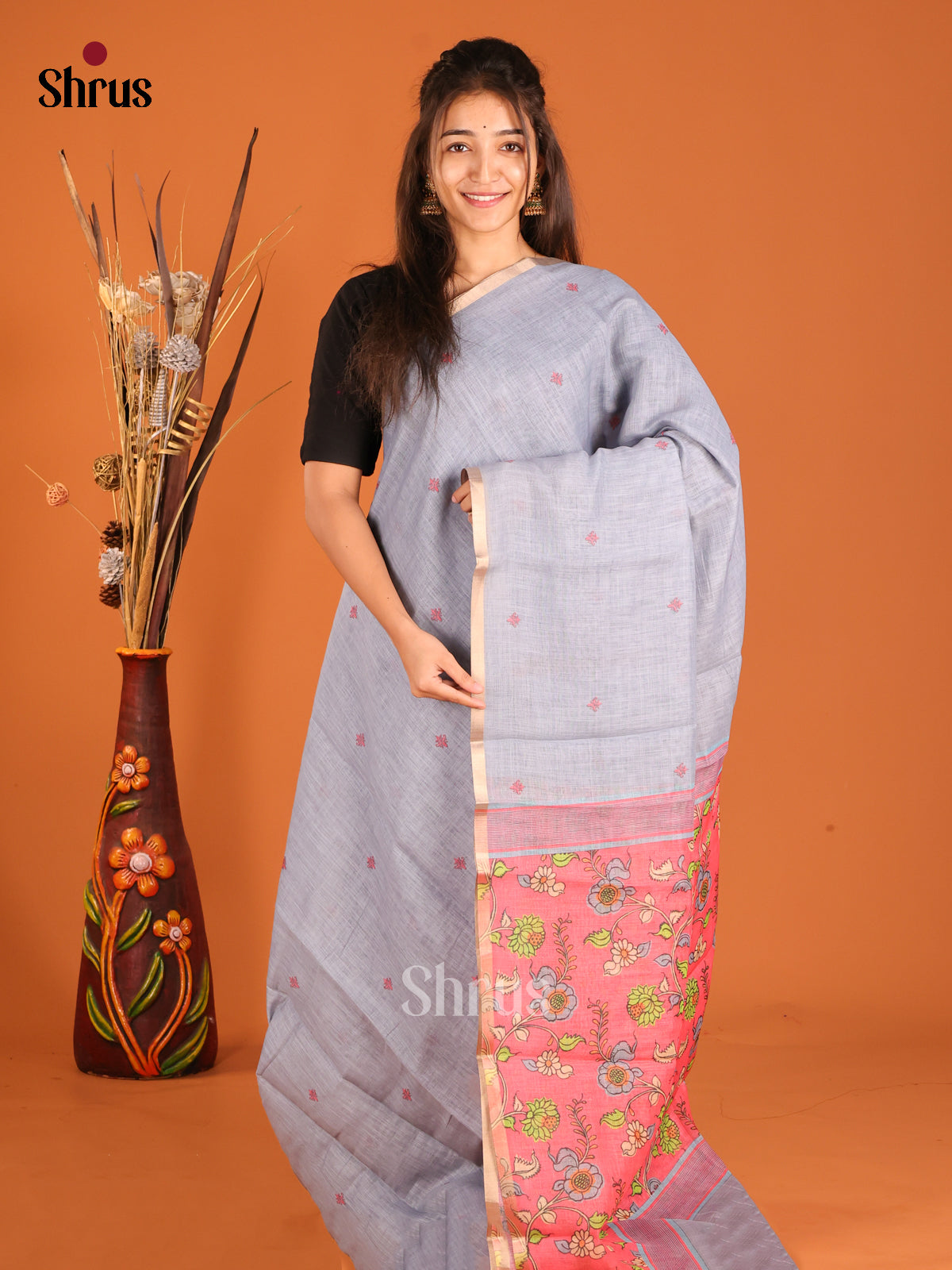 Grey & Pink-  Linen Cotton Saree - Shop on Shrus.com