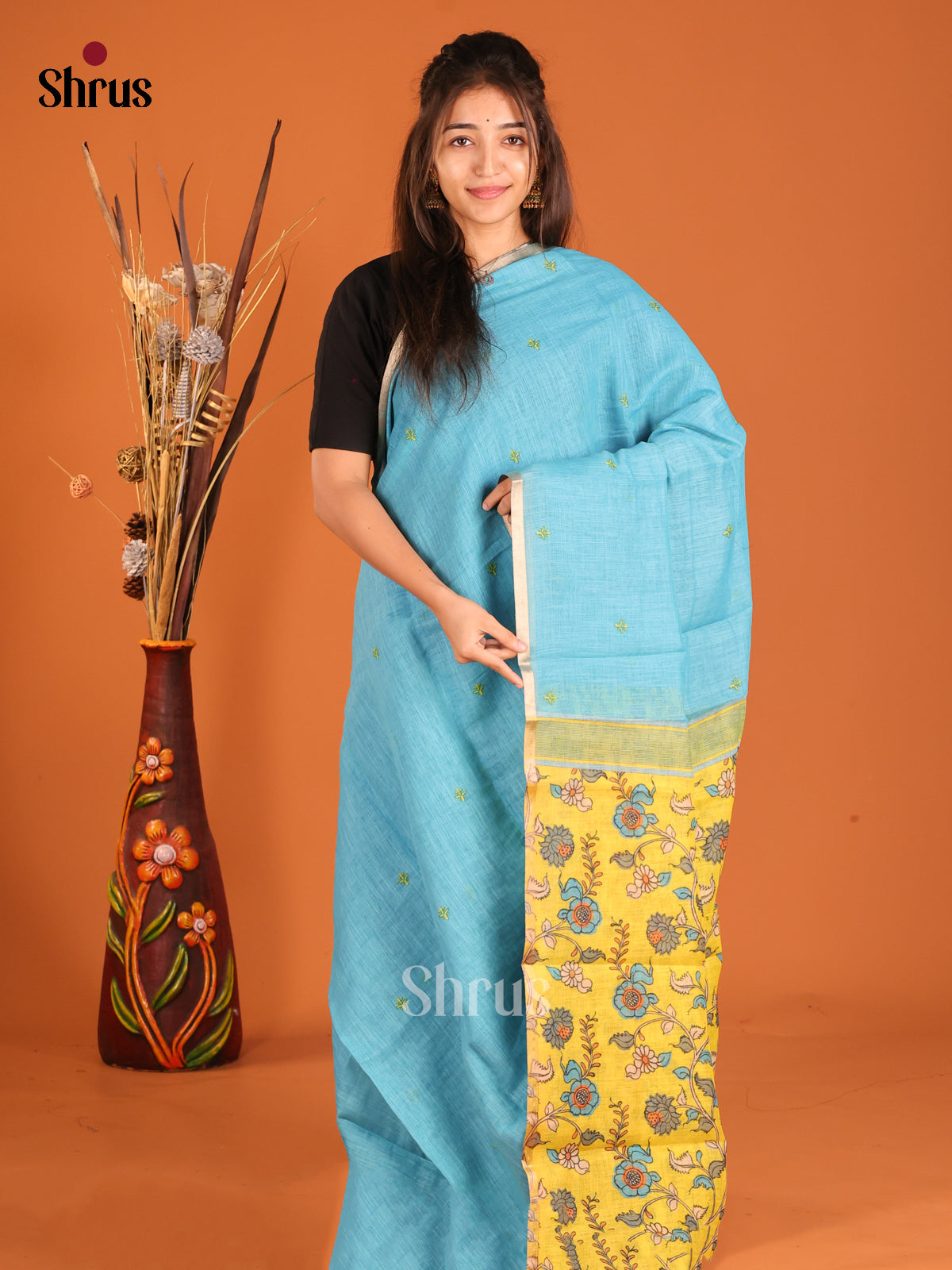 Blue & Yellow - Linen Cotton Saree