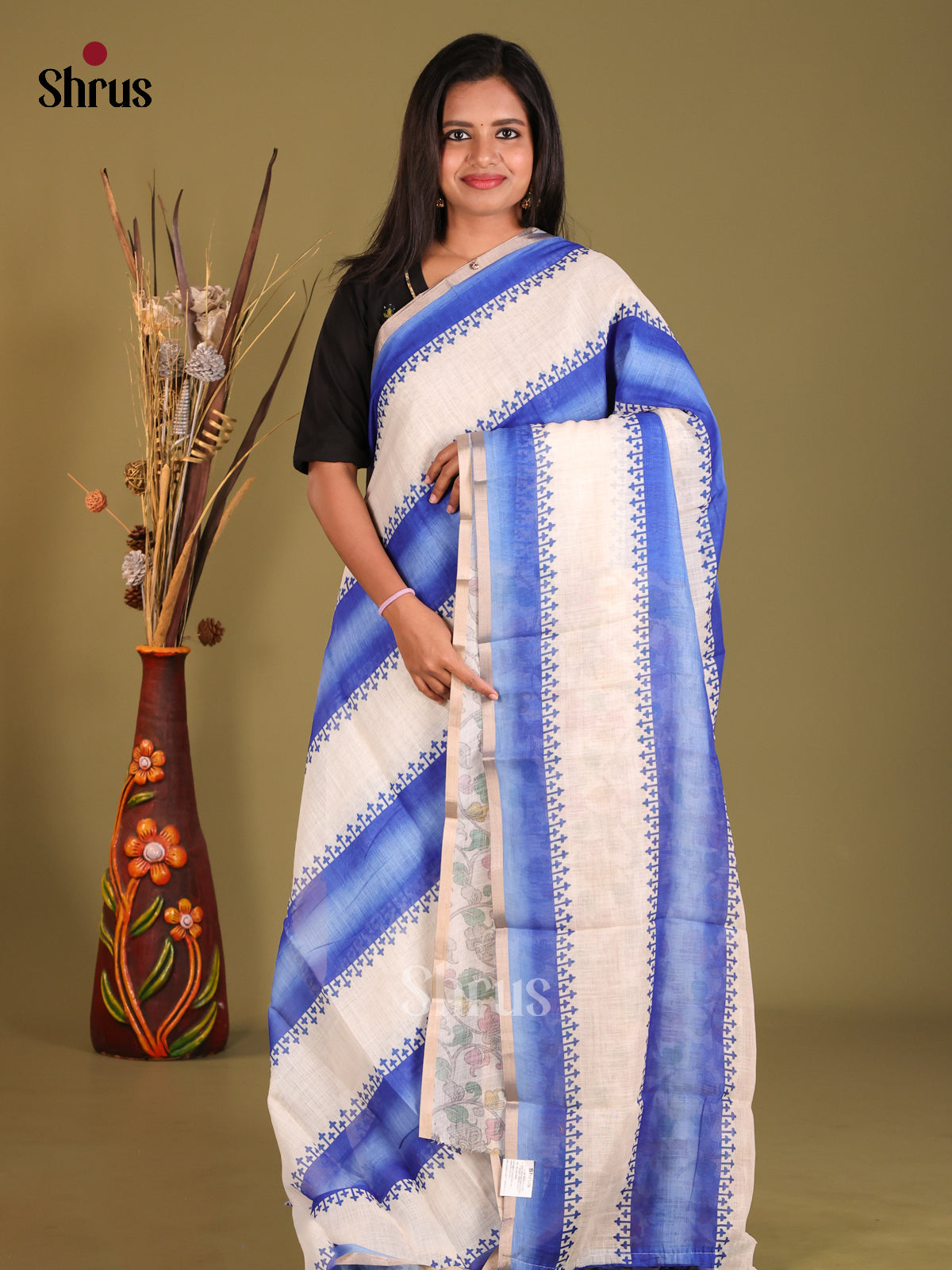 Cream & Blue - Linen Cotton Saree