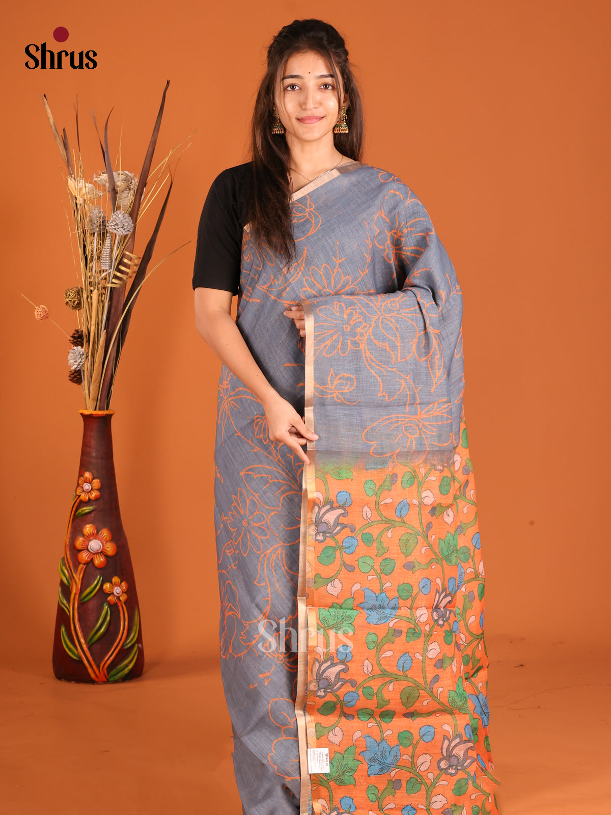 Grey & Orange - Linen Cotton Saree - Shop on Shrus.com