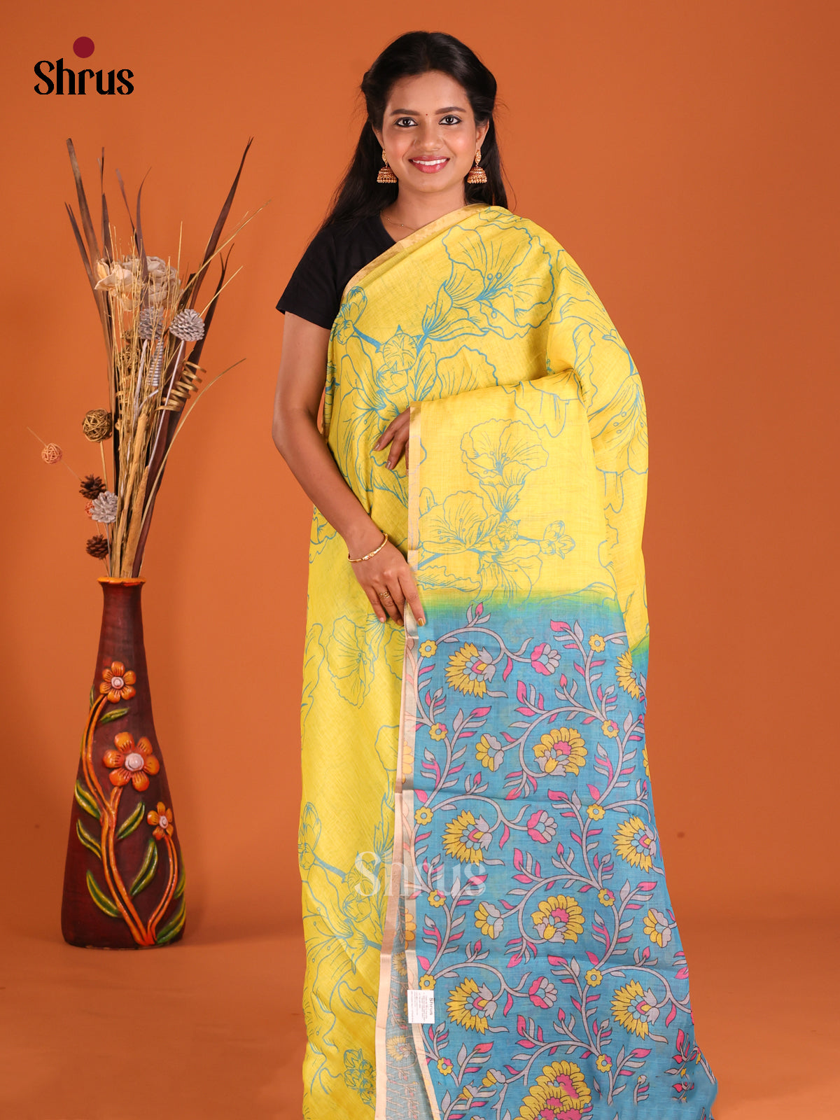 Yellow & Blue - Linen Cotton Saree - Shop on Shrus.com