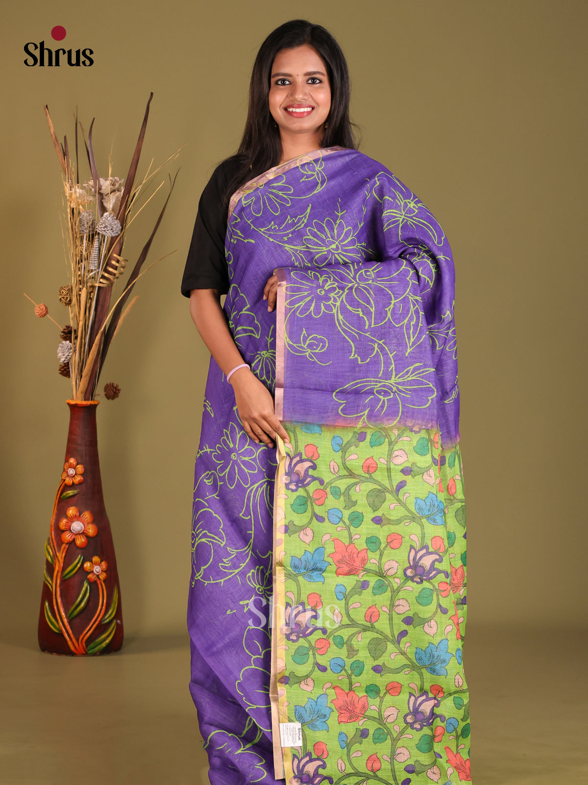 Purple & Green - Linen Cotton Saree - Shop on Shrus.com