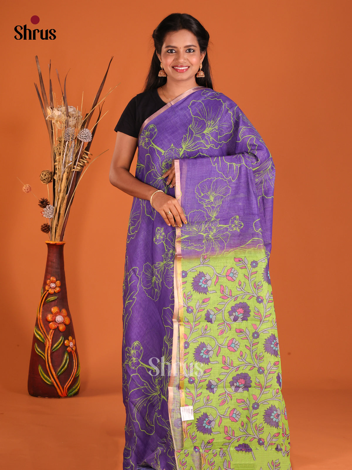 Purple & Green- Linen Cotton Saree - Shop on Shrus.com