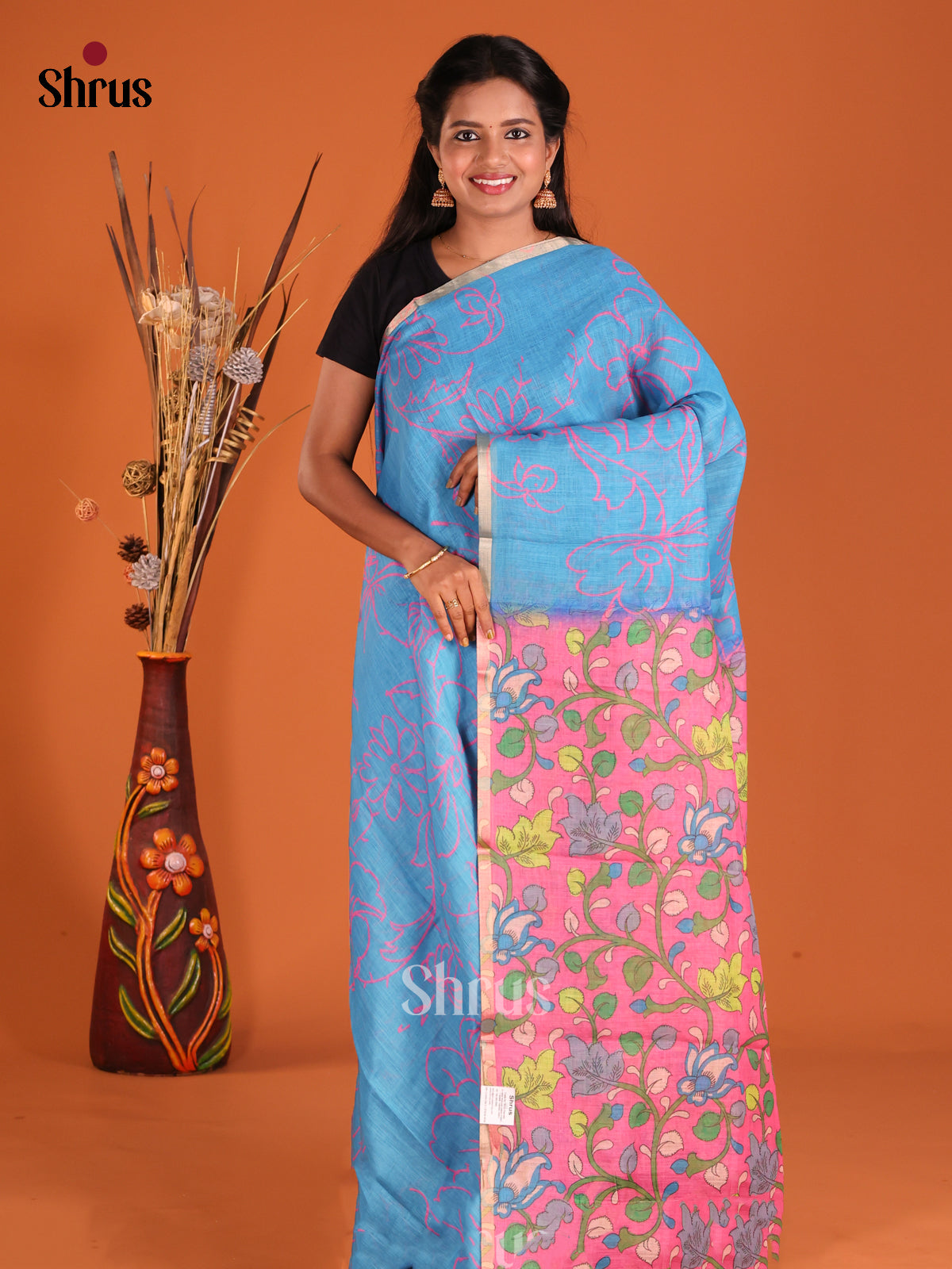 Blue & Pink - Linen Cotton Saree