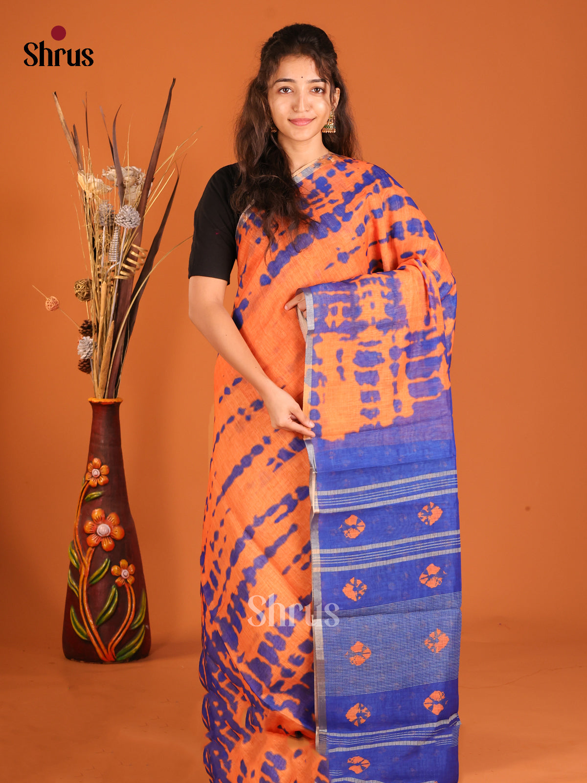 Orange & Blue - Linen Cotton Saree - Shop on Shrus.com