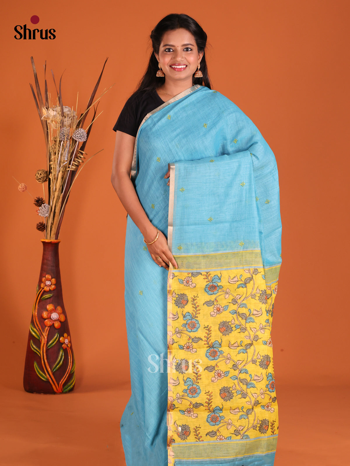Blue & Yellow - Linen Cotton Saree