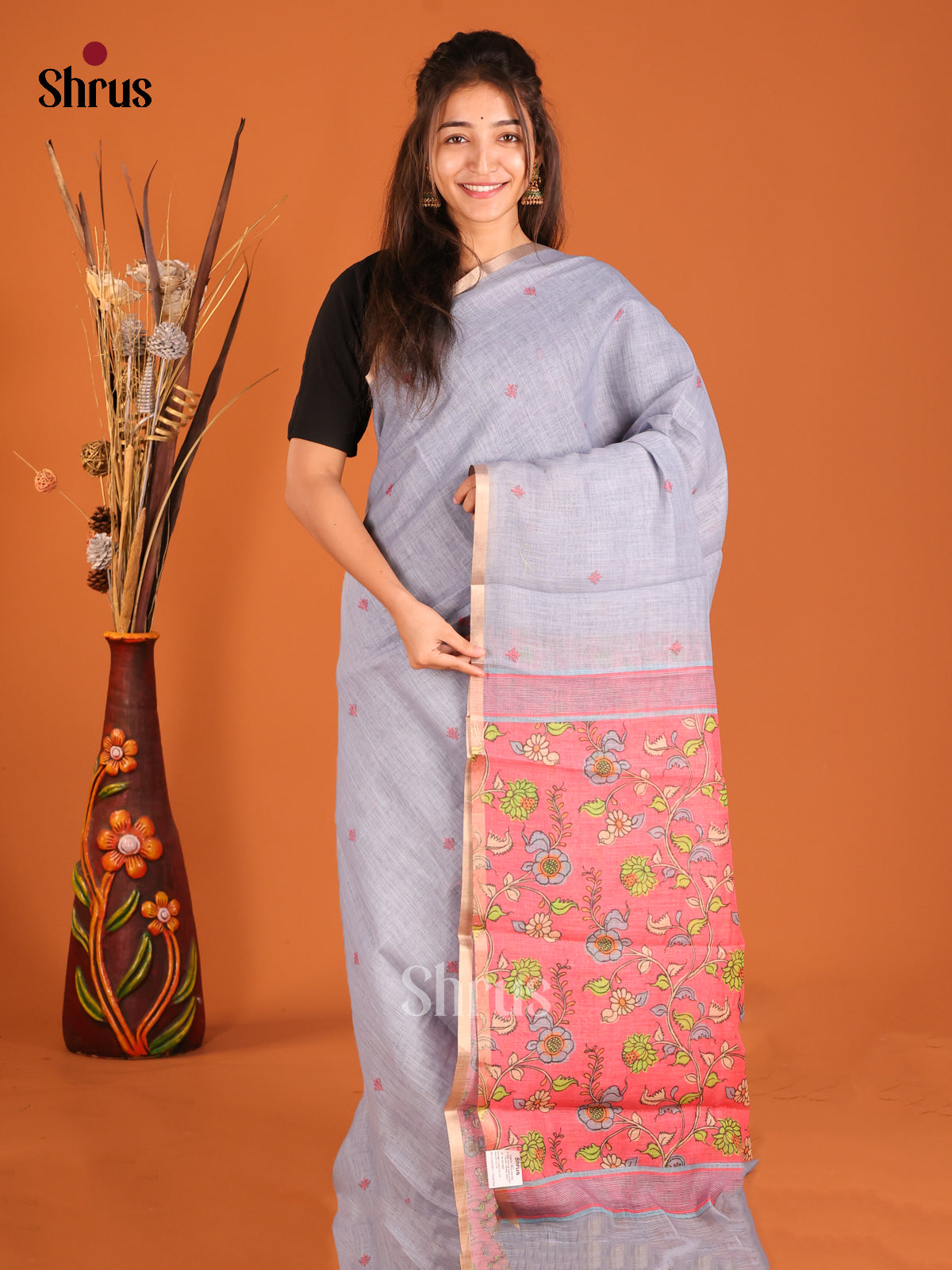 Grey & Pink - Linen Cotton Saree - Shop on Shrus.com