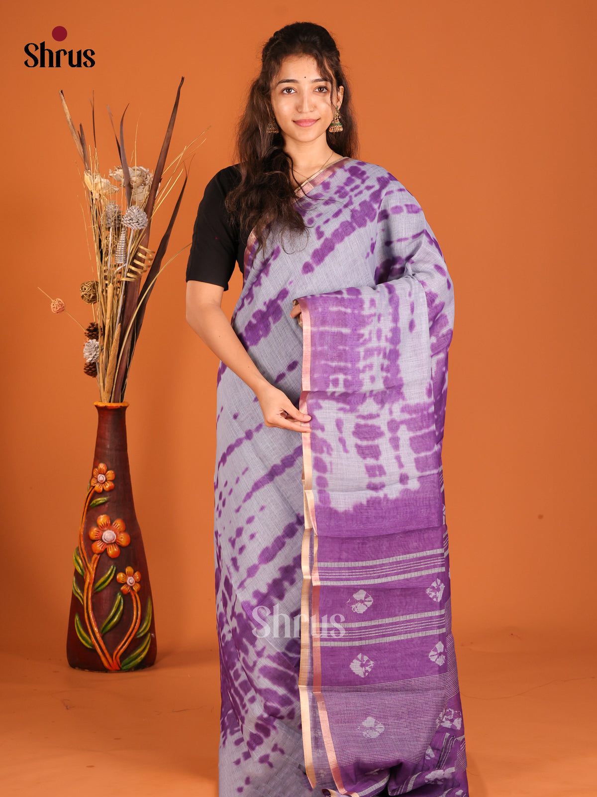 Grey & Purple - Linen Cotton Saree - Shop on Shrus.com