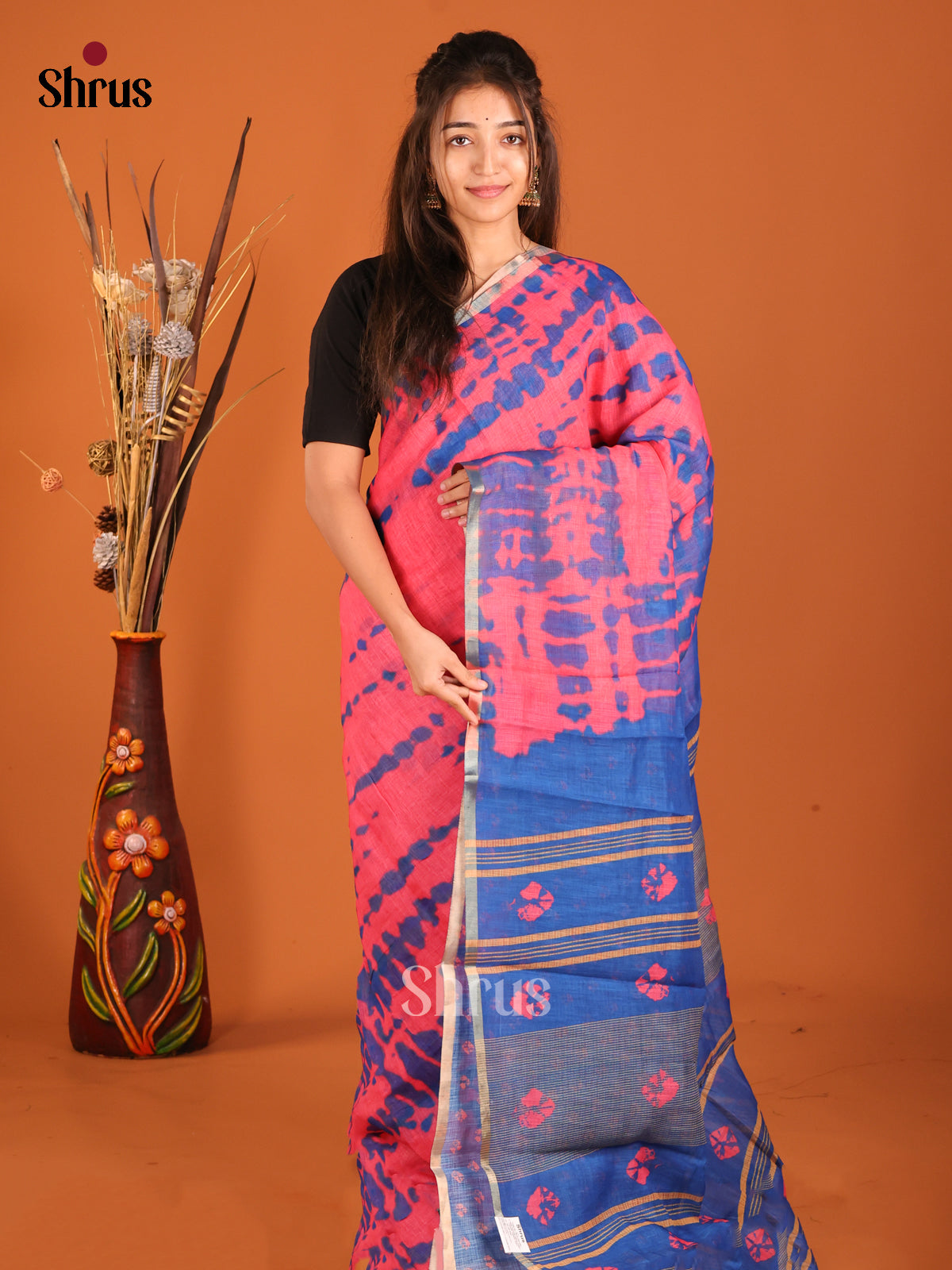 Pink & Blue - Linen Cotton Saree - Shop on Shrus.com