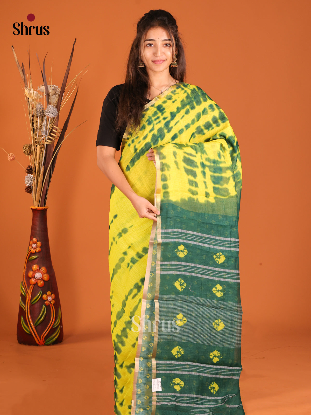 Yellow & Green - Linen Cotton Saree