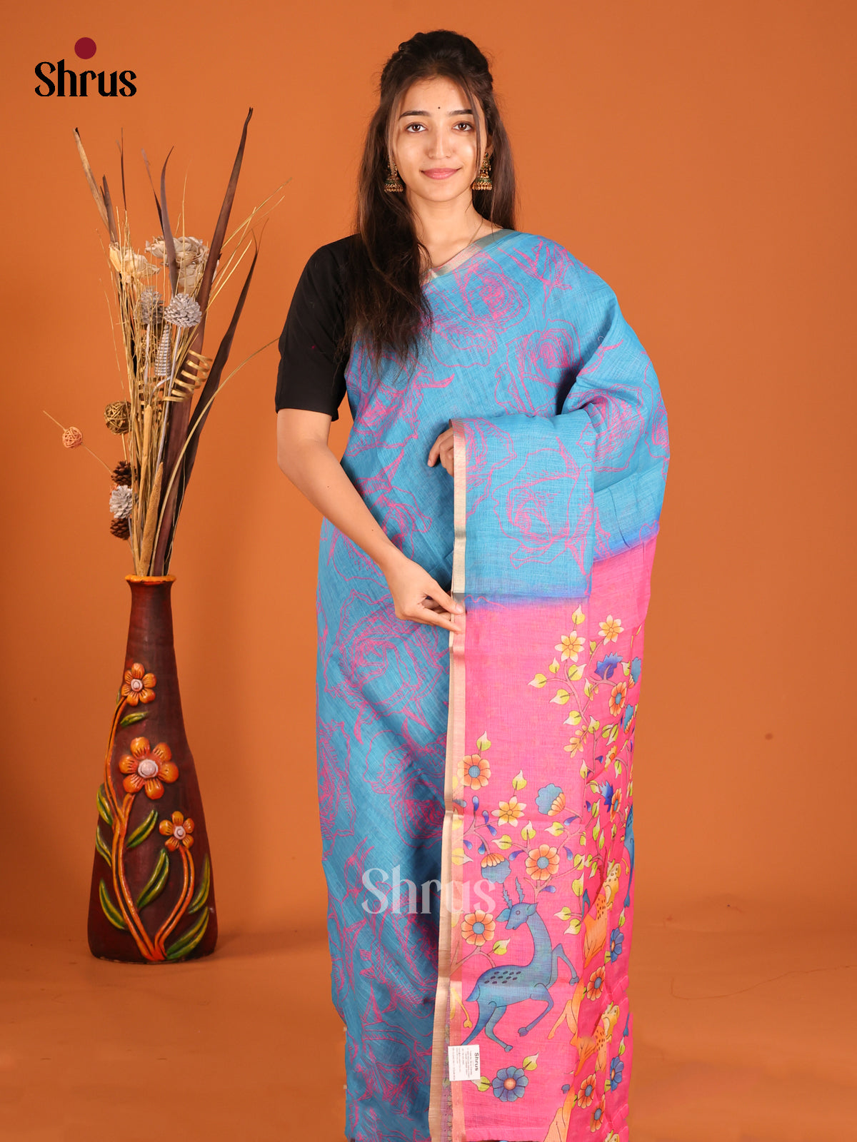 Blue & Pink - Linen Cotton Saree