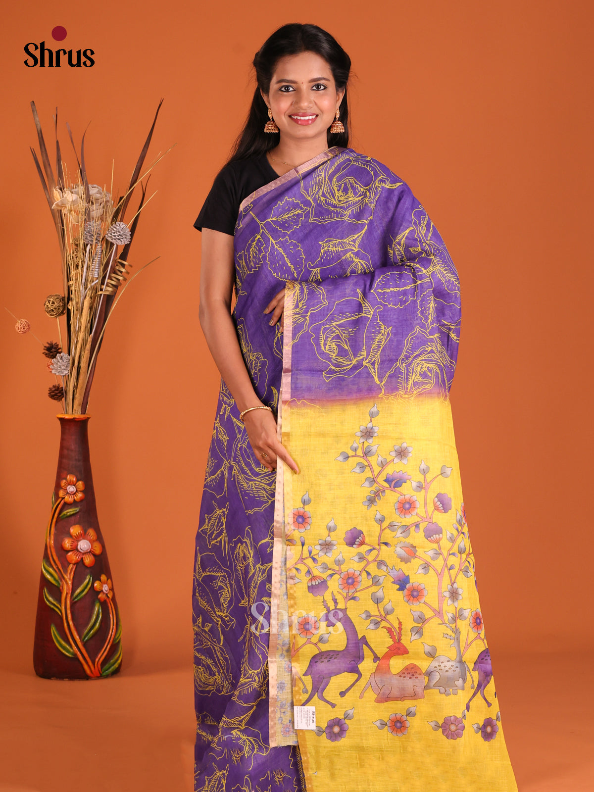 Purple & Yellow - Linen Cotton Saree - Shop on Shrus.com