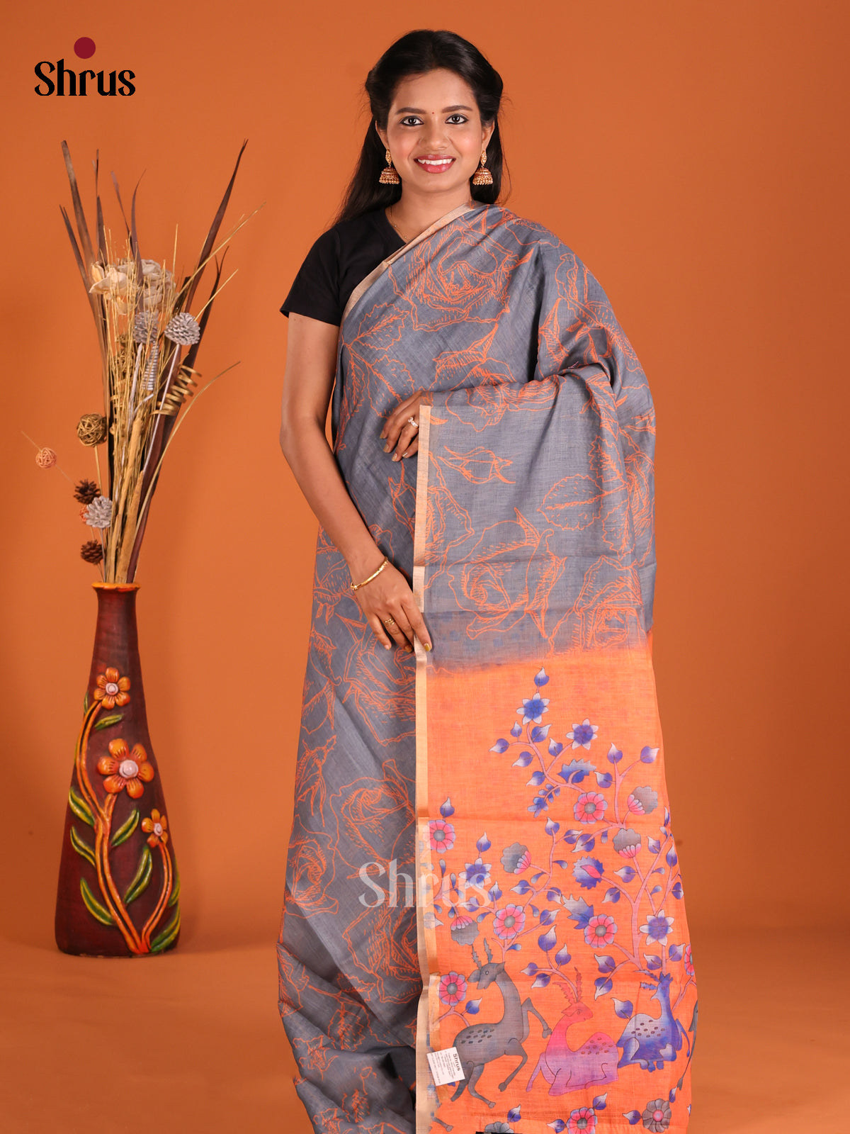 Grey & Orange - Linen Cotton Saree - Shop on Shrus.com