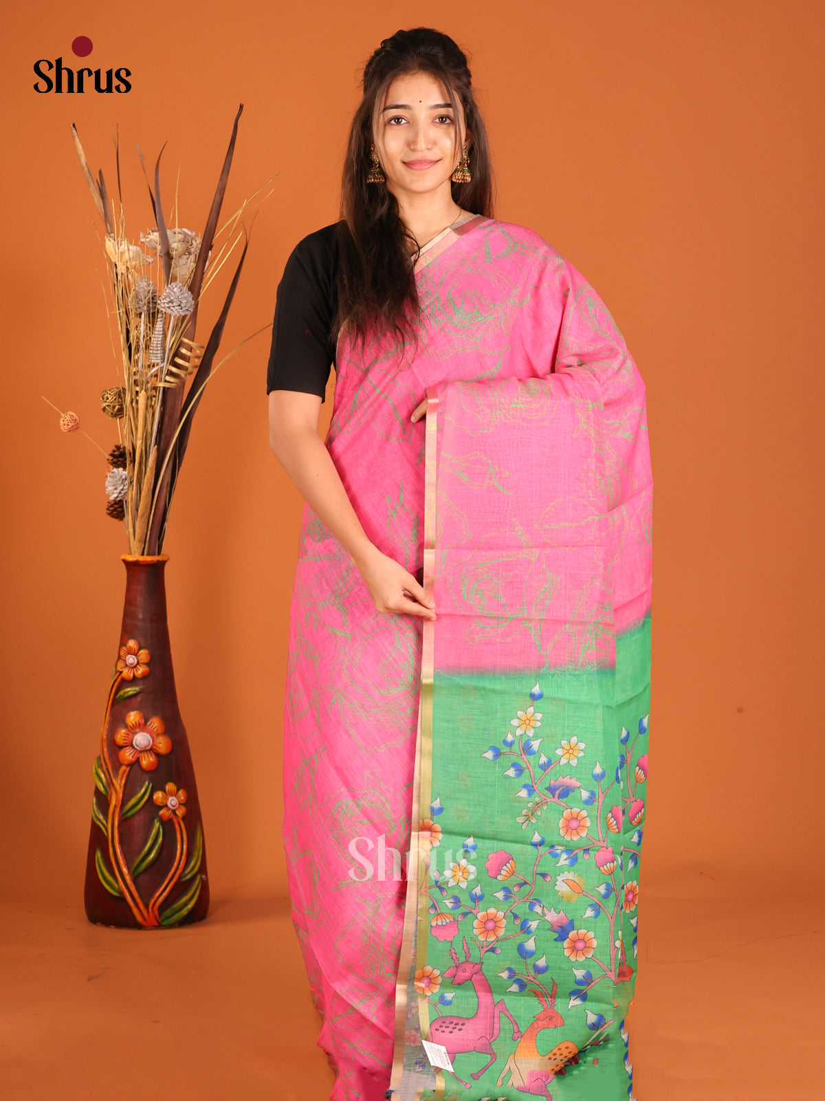 Pink & Green- Linen Cotton Saree - Shop on Shrus.com